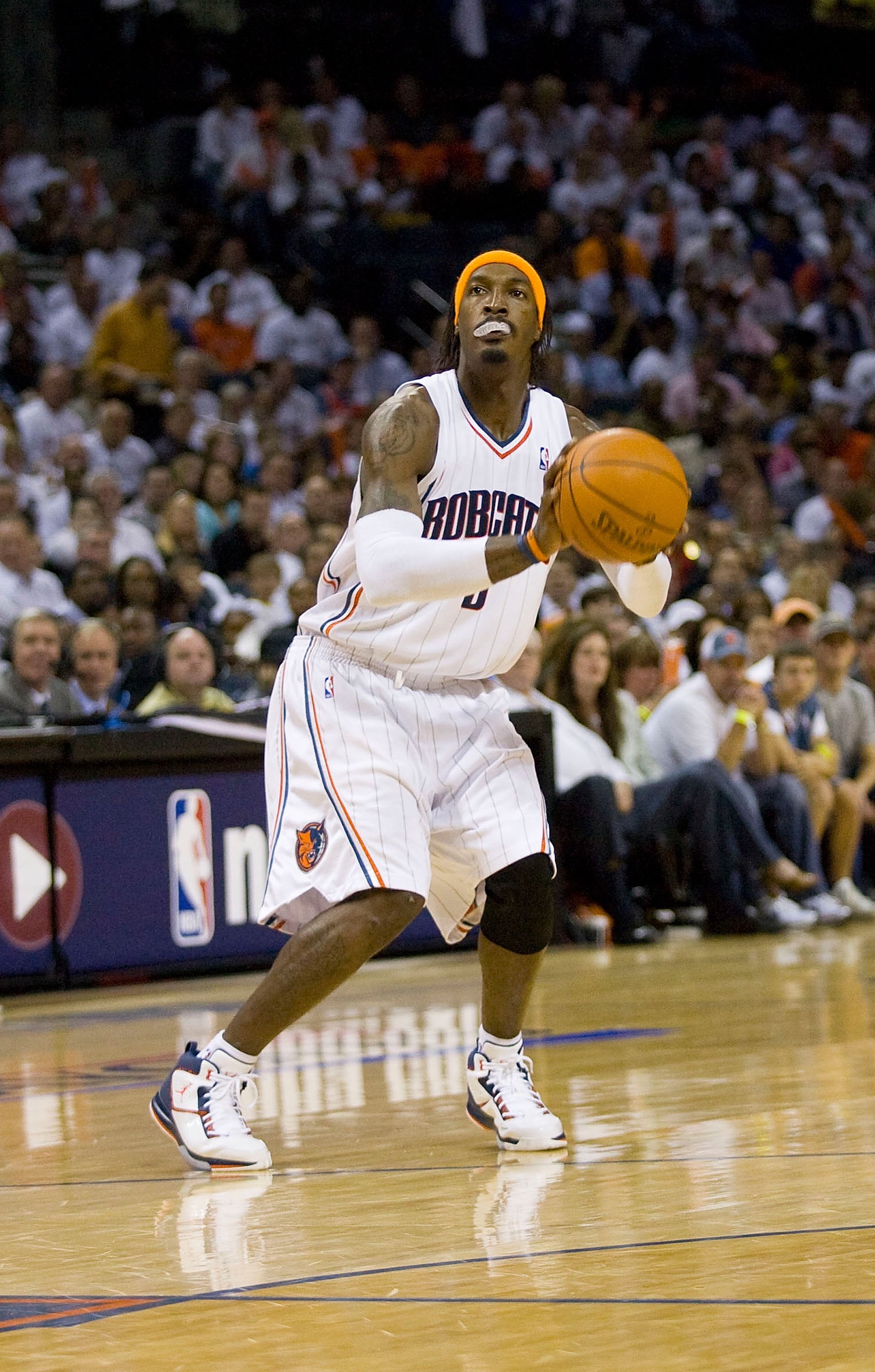 CHARLOTTE, NC - APRIL 26: Gerald Wallace #3 of the Charlotte Bobcats looks to take a three-point shot against the Orlando Magic at Time Warner Cable Arena on April 26, 2010 in Charlotte, North Carolina.  The Magic defeated the Bobcats 99-90 to complete th
