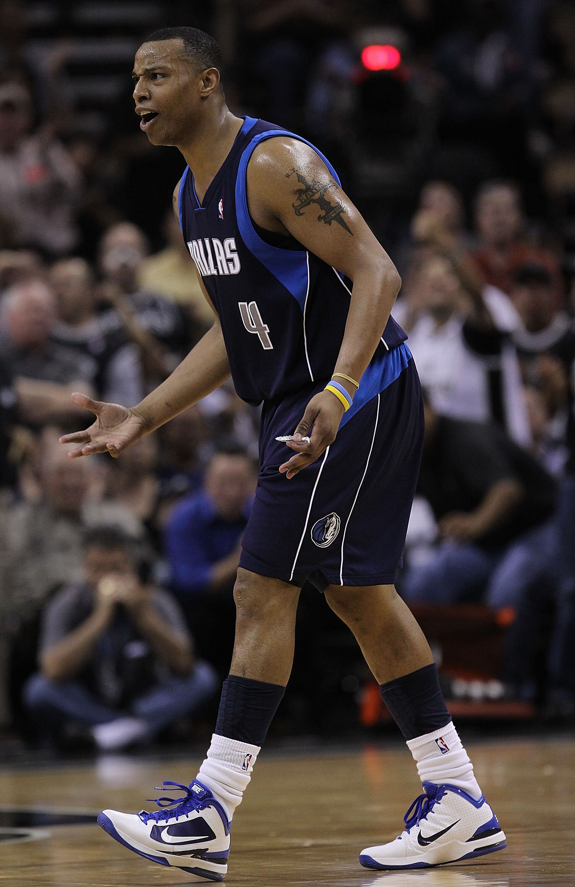SAN ANTONIO - APRIL 29:  Forward Caron Butler #4 of the Dallas Mavericks after being called for a technical foul against the San Antonio Spurs in Game Six of the Western Conference Quarterfinals during the 2010 NBA Playoffs at AT&T Center on April 29, 201