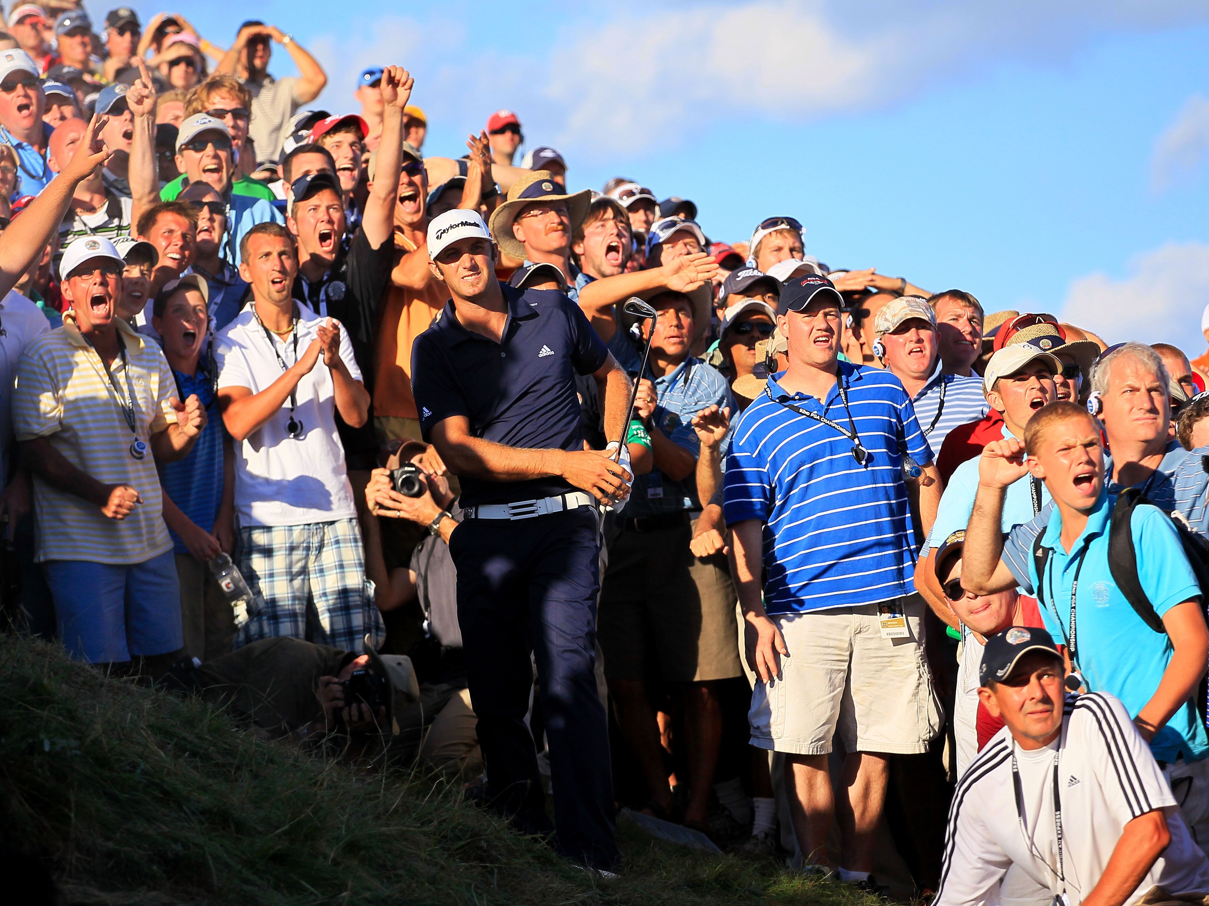 KOHLER, WI - AUGUST 15:  Dustin Johnson watches his second shot on the 18th hole during the final round of the 92nd PGA Championship on the Straits Course at Whistling Straits on August 15, 2010 in Kohler, Wisconsin.  (Photo by Andy Lyons/Getty Images)