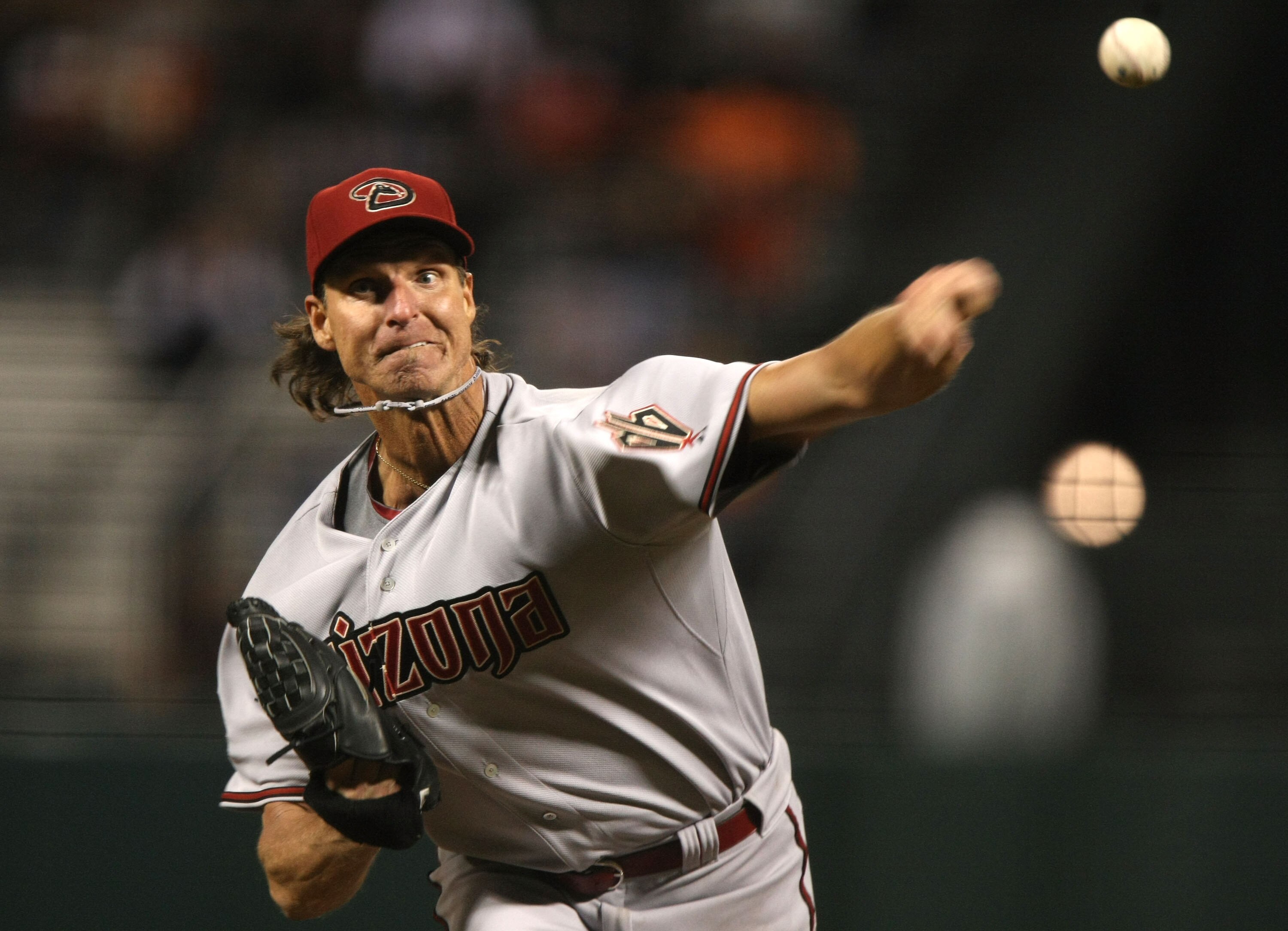 SAN FRANCISCO - APRIL 14:  Randy Johnson #51 of the Arizona Diamondbacks pitches against the San Francisco Giants during a Major League Baseball game on March 14, 2008 at AT&T Park in San Francisco, California.  (Photo by Jed Jacobsohn/Getty Images)