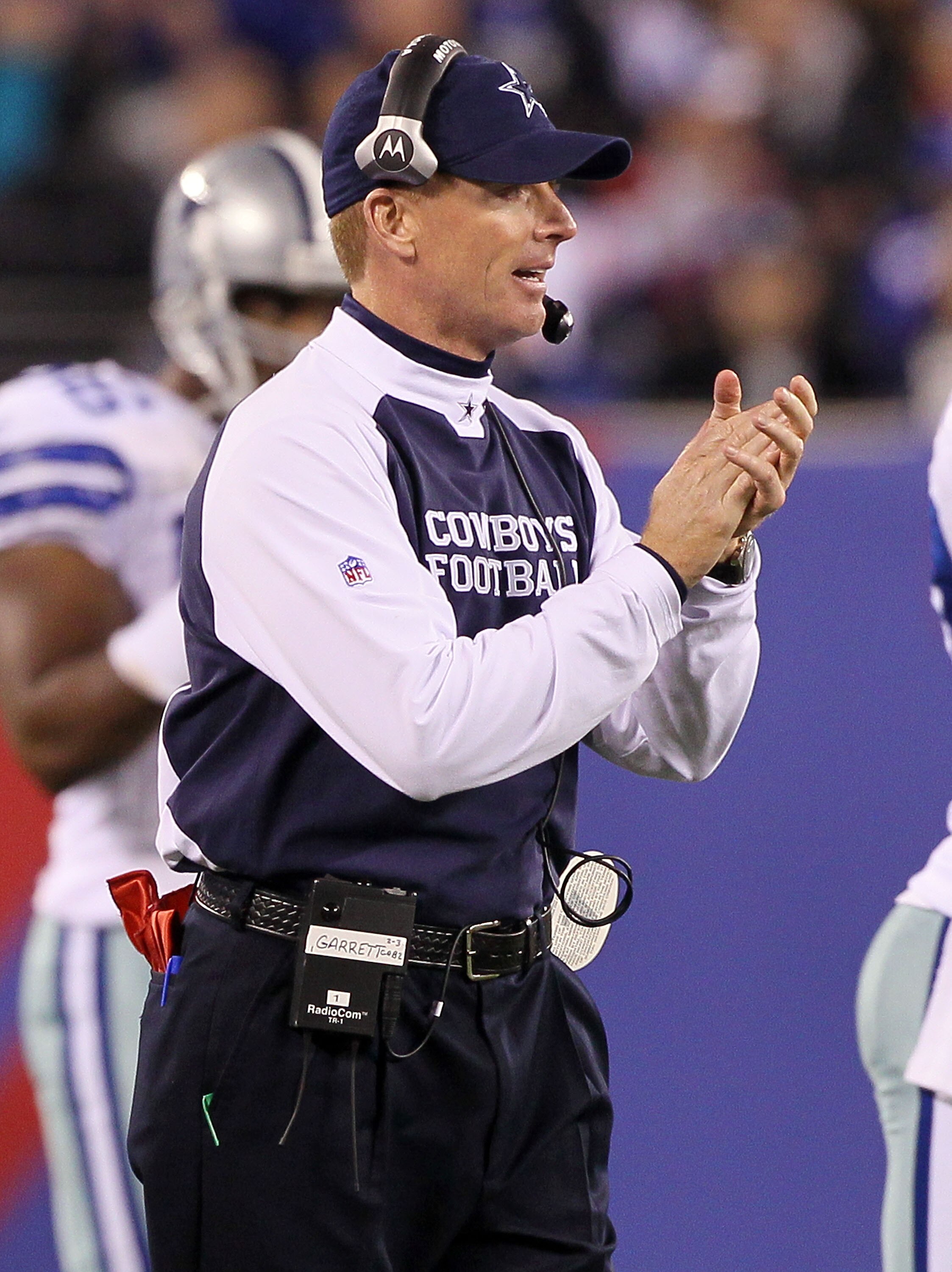 EAST RUTHERFORD, NJ - NOVEMBER 14:  Head coach Jason Garrett of the Dallas Cowboys looks on from the sidelines against the New York Giants on November 14, 2010 at the New Meadowlands Stadium in East Rutherford, New Jersey.  (Photo by Jim McIsaac/Getty Ima