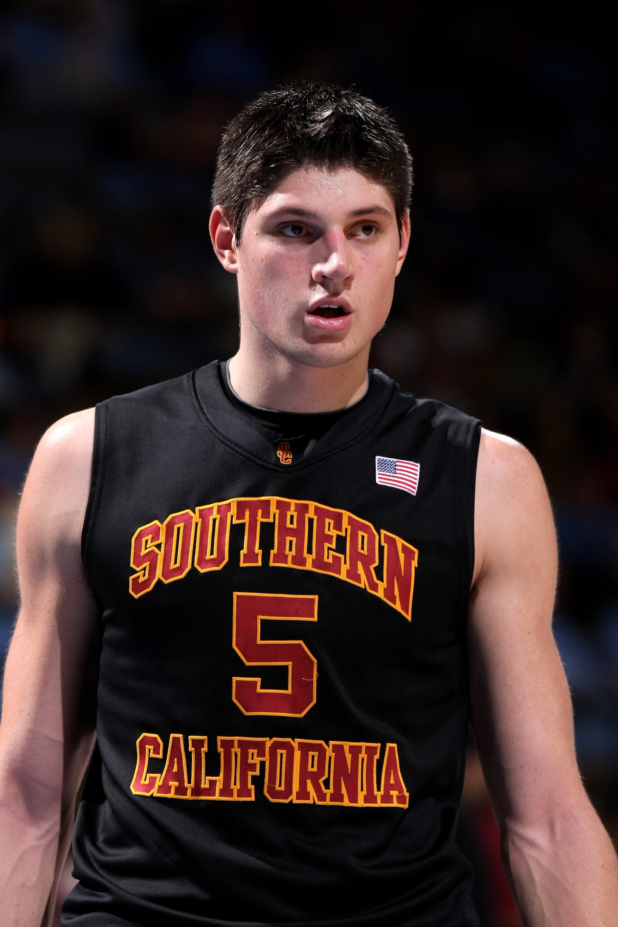 WESTWOOD, CA - JANUARY 16:  Nikola Vucevic #5 of the USC Trojans on the court in the game against the UCLA Bruins on January 16, 2010 at Pauley Pavillion in Westwood, California.  USC won 67-46.  (Photo by Stephen Dunn/Getty Images)