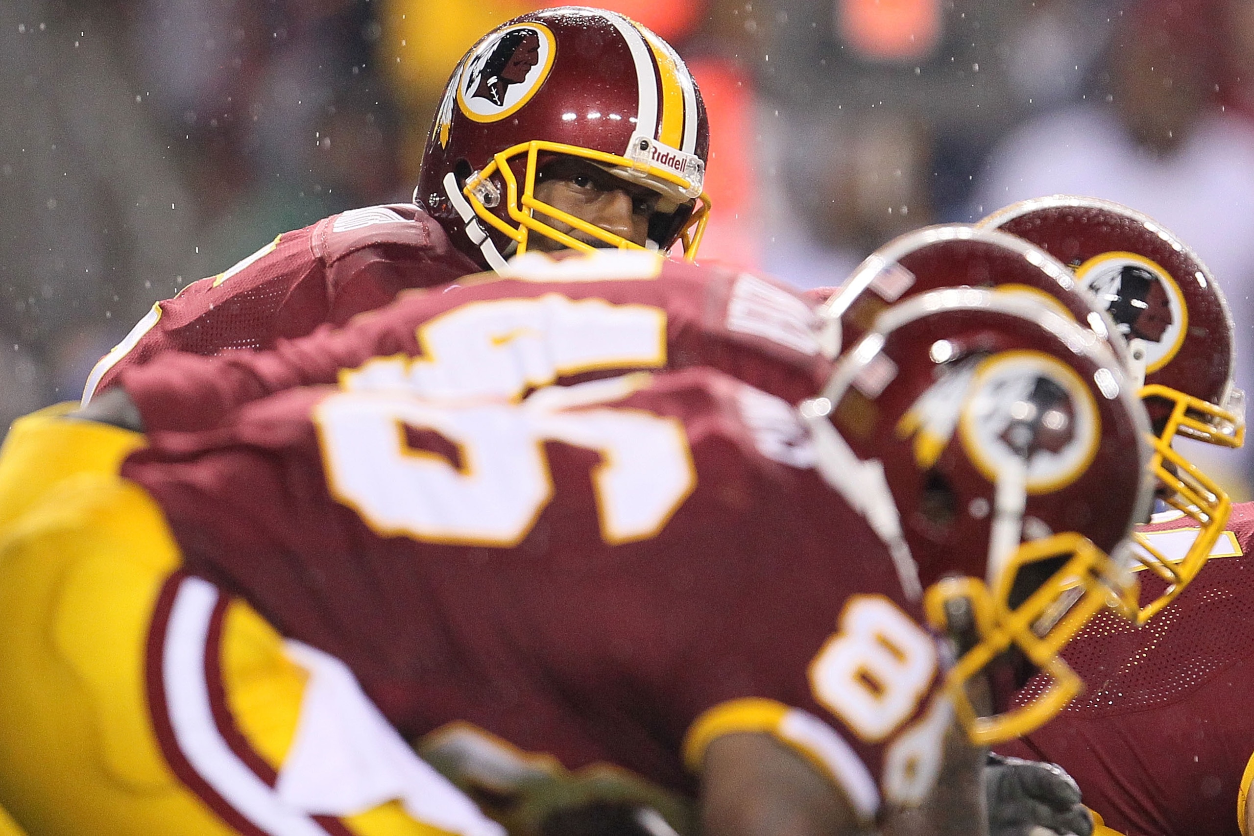 LANDOVER, MD - NOVEMBER 15:  Donovan McNabb #5 of the Washington Redskins looks down the line  against the Philadelphia Eagles on November 15, 2010 at FedExField in Landover, Maryland.  (Photo by Chris McGrath/Getty Images)