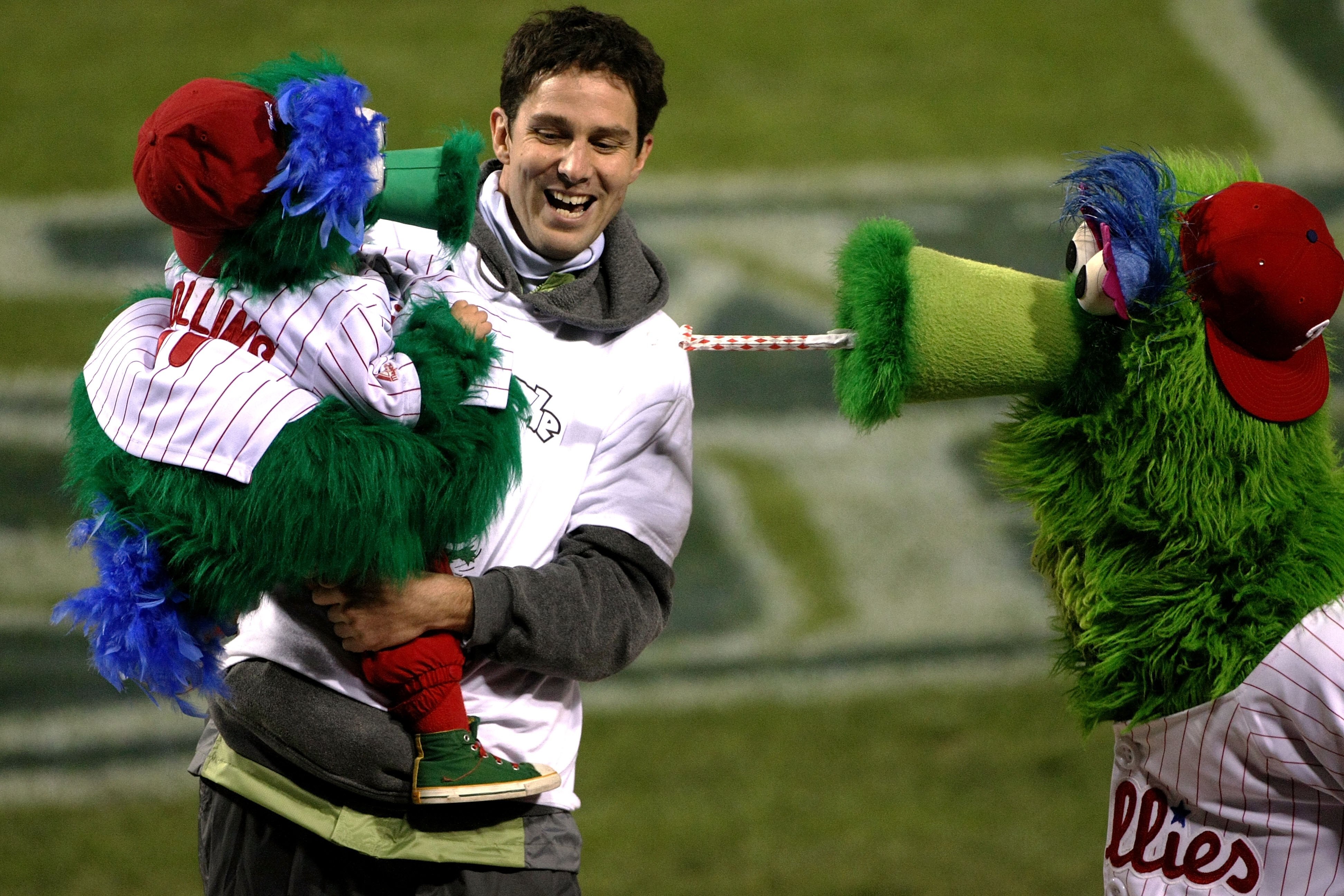 PHILADELPHIA - OCTOBER 29:  The Philly Phanatic (R), mascot of the Philadelphia Phillies interacts with a young fans dresses in a Phanatic outfit against the Tampa Bay Rays during the continuation of game five of the 2008 MLB World Series on October 29, 2