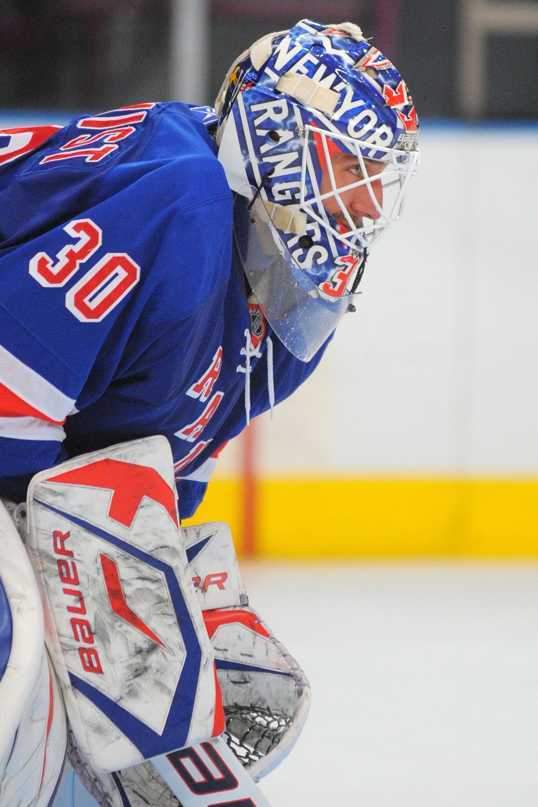 NEW YORK - OCTOBER 3: Henrik Lundqvist #30 of the New York Rangers prepares for  face off during the third period against the Ottawa Senators at Madison Square Garden on October 3, 2009 in New York City. The Rangers defeated the Senators 5-2. (Photo by Ch