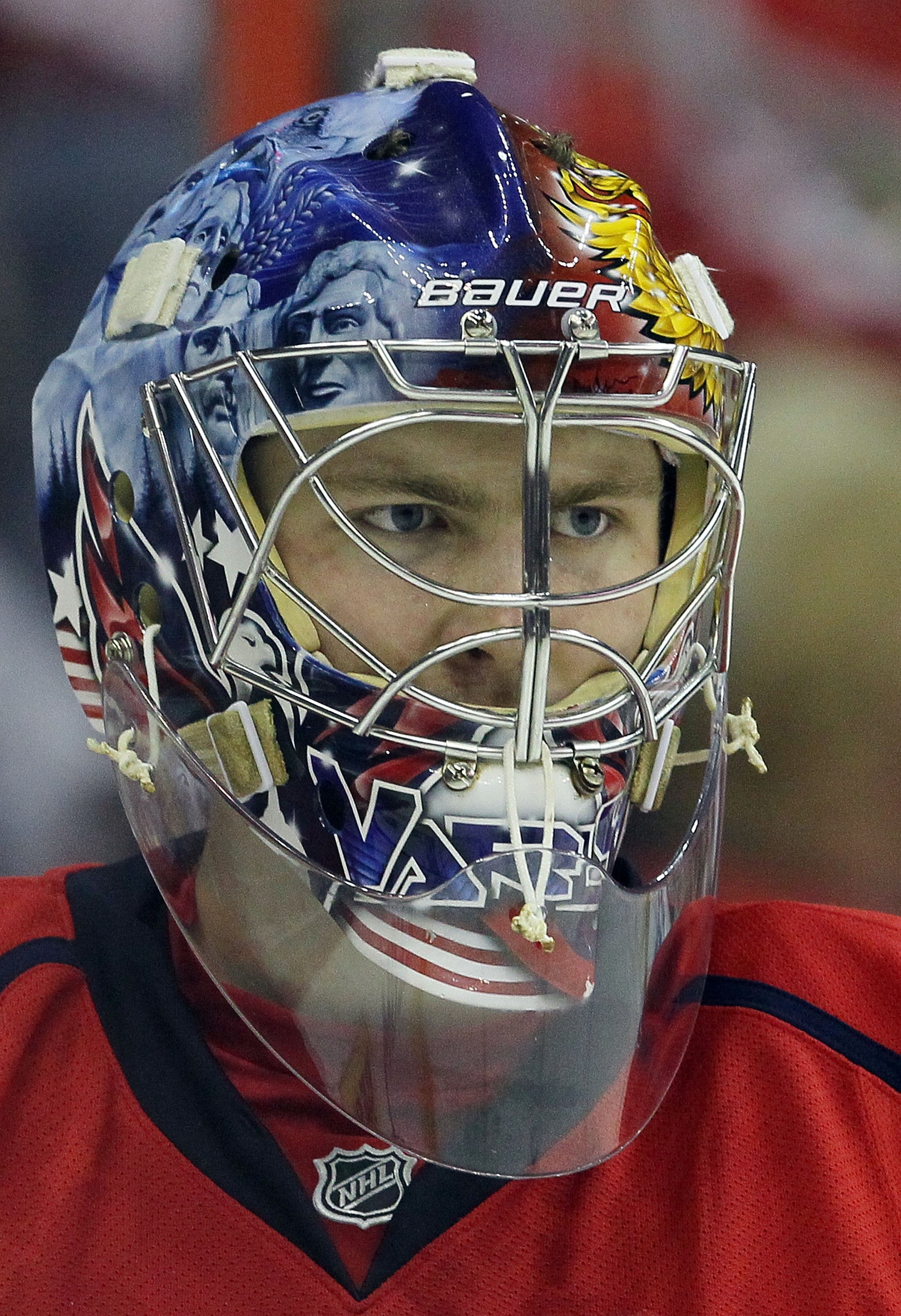 WASHINGTON DC, DC - APRIL 23:  Semyon Varlamov #40 of the Washington Capitals looks on against the Montreal Canadiens in Game Five of the Eastern Conference Quarterfinals during the 2010 NHL Stanley Cup Playoffs at the Verizon Center on April 23, 2010 in