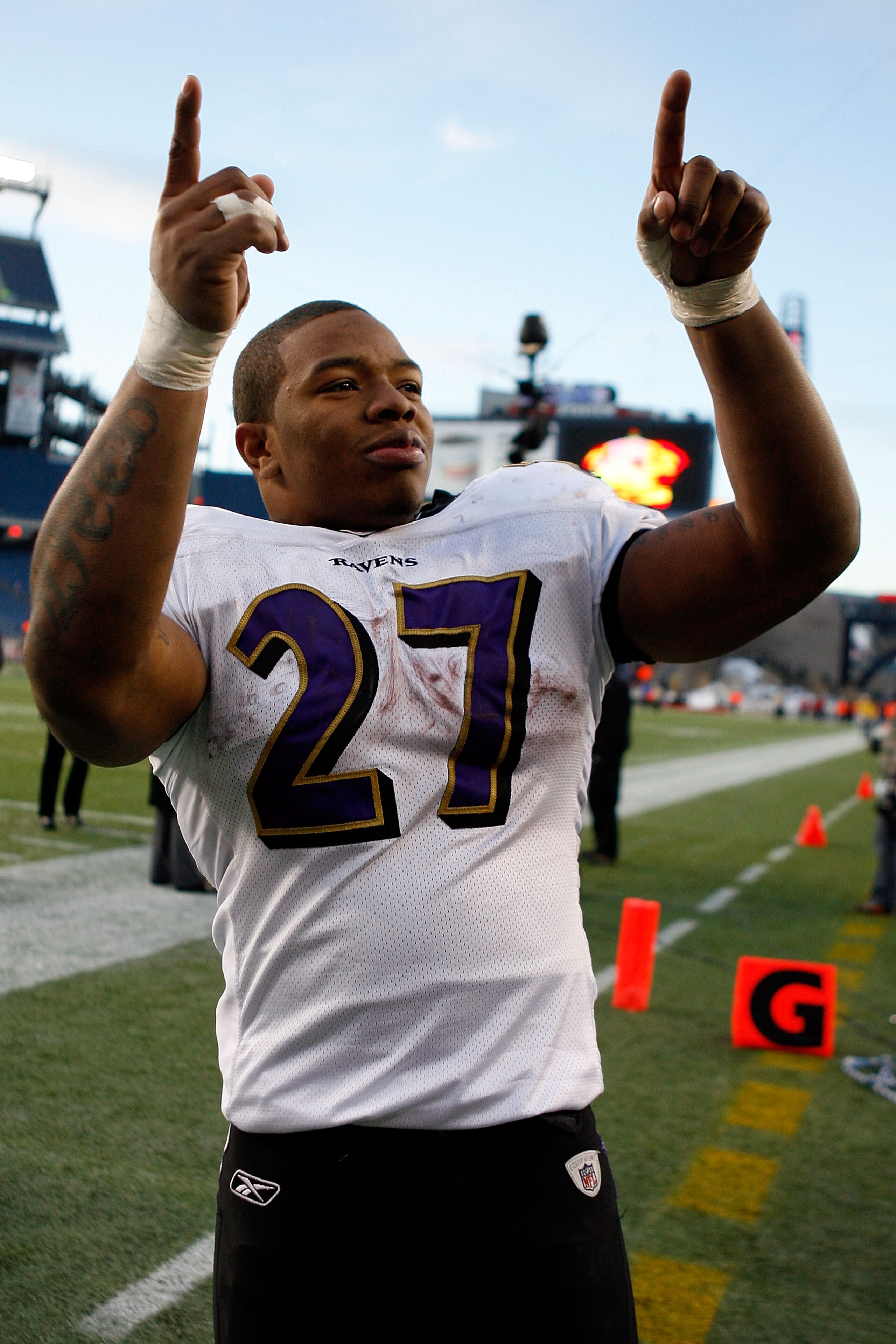 FOXBORO, MA - JANUARY 10:  Ray Rice #27 of the Baltimore Ravens celebrates as he walks off of the field after their 33-14 win against the New England Patriots during the 2010 AFC wild-card playoff game at Gillette Stadium on January 10, 2010 in Foxboro, M