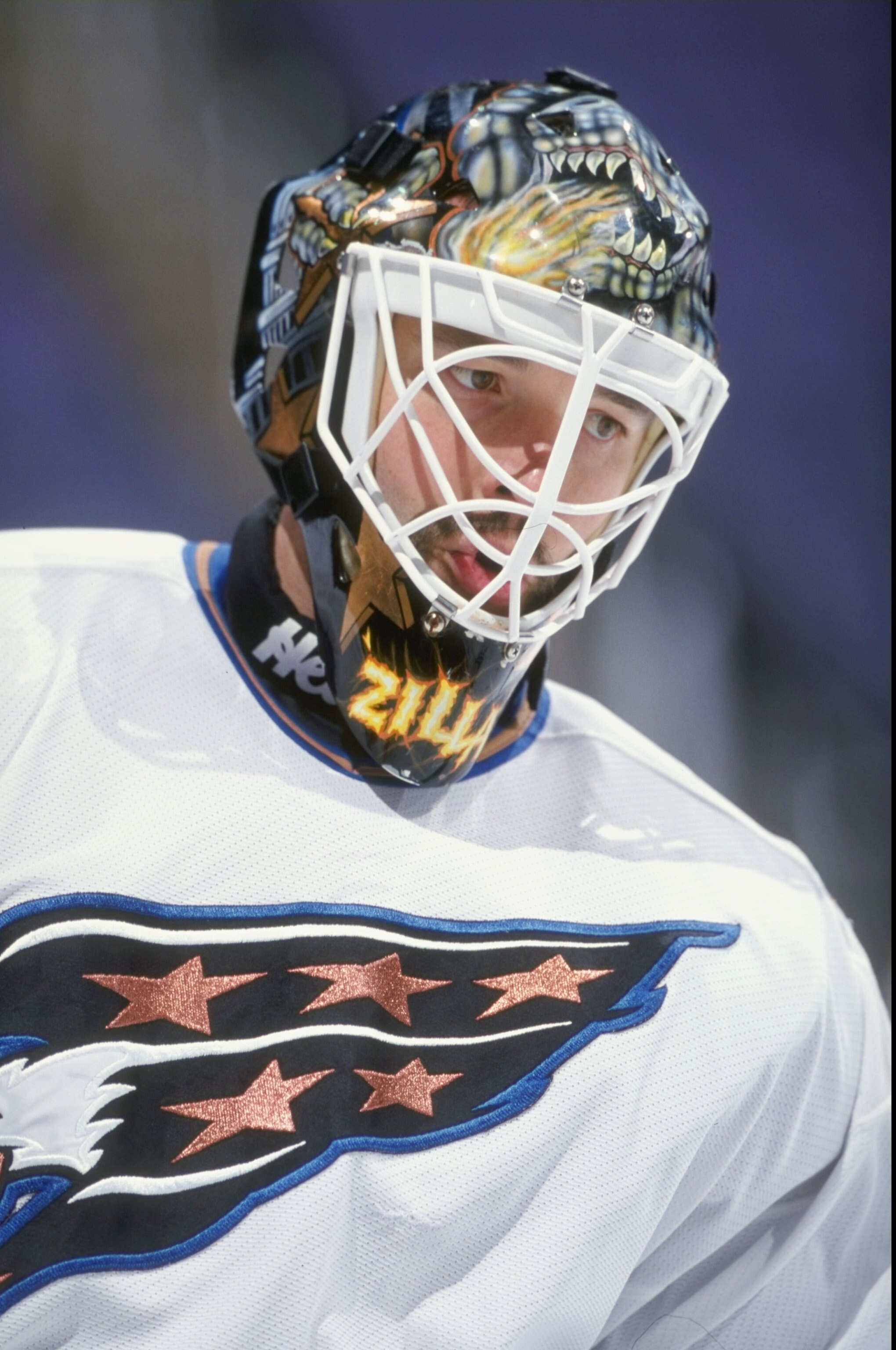 17 Mar 1999:  Goallie Olaf Kolzig of the Washington Capitals looking on during the game against the Dallas Stars at the MCI Center in Washington, D.C. The Capitals defeated the Stars 2-1.