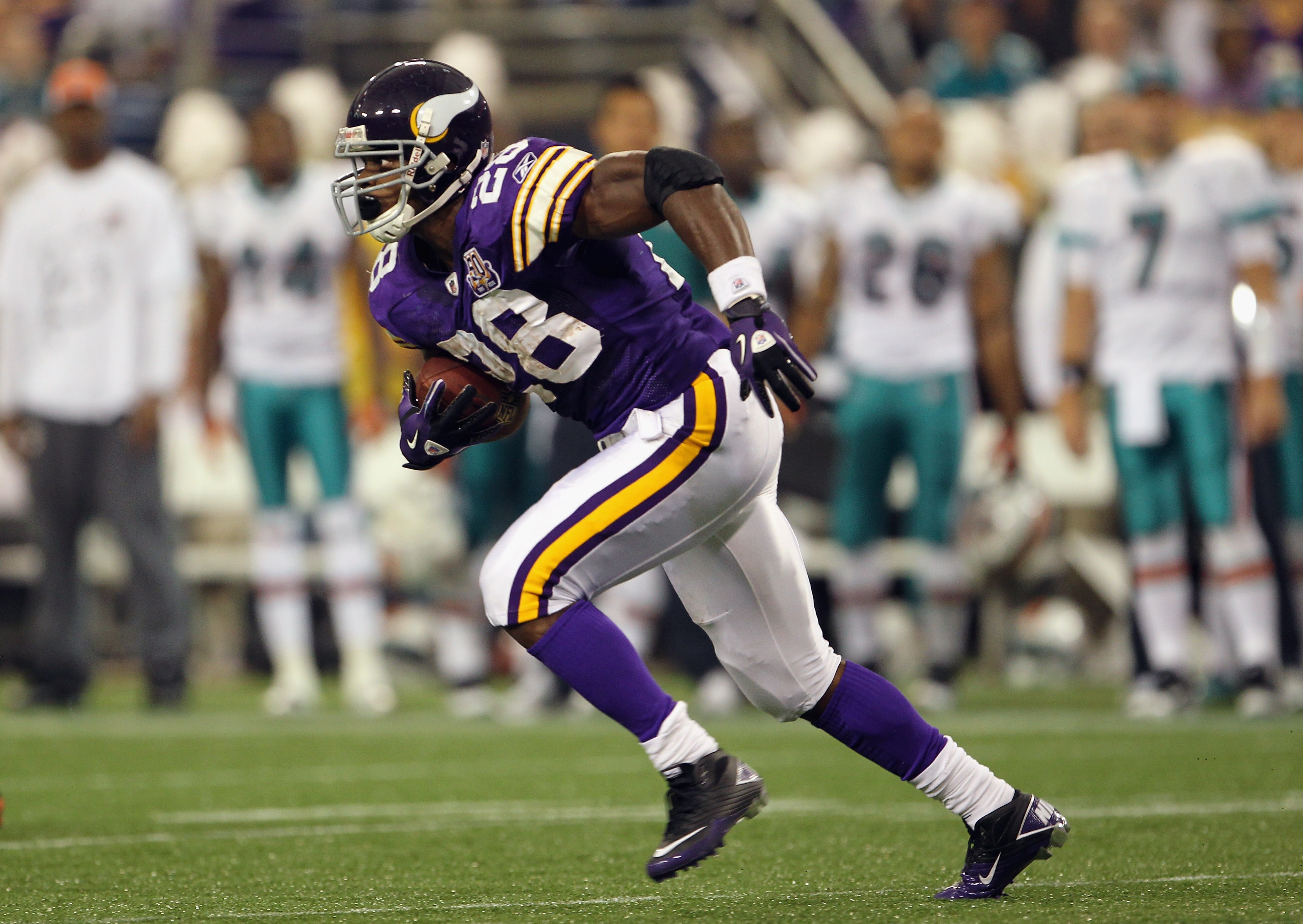 MINNEAPOLIS - SEPTEMBER 19:  Running back Adrian Peterson #28 of the Minnesota Vikings in action during the game against  of the Miami Dolphins on September 19, 2010 at Hubert H. Humphrey Metrodome in Minneapolis, Minnesota.  (Photo by Jamie Squire/Getty