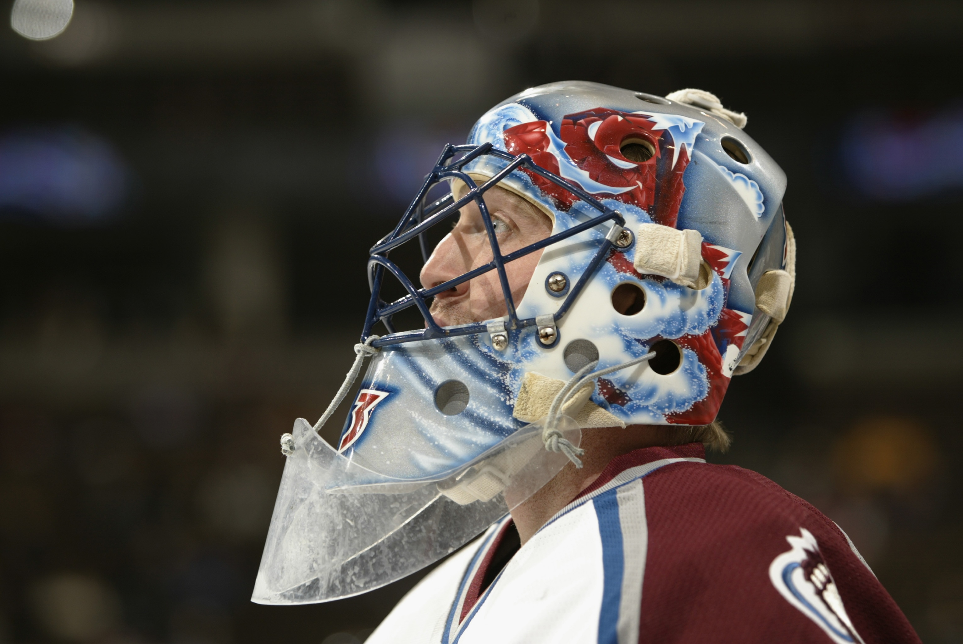 DENVER - DECEMBER 27:   Goaltender Patrick Roy #33 of the Colorado Avalanche prepares for play against the Philadelphia Flyers during pregame December 27, 2002, at the Pepsi Center in Denver, Colorado.  The Flyers won 2-1 in overtime.  (Photo by Brian Bah