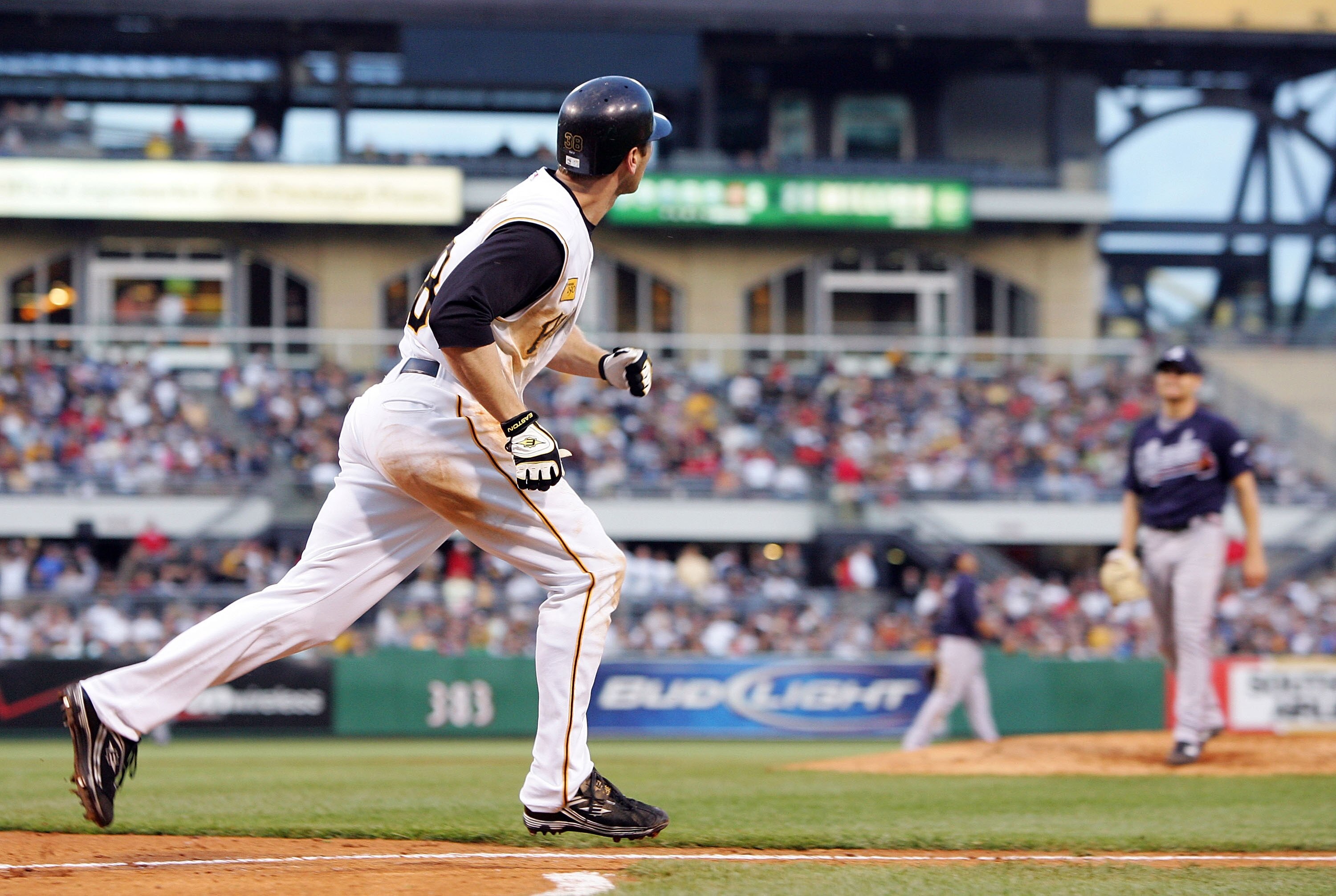 PITTSBURGH - MAY 10:  Jason Bay #38 of the Pittsburgh Pirates watches the flight of his fourth inning home run against Chuck James #36 of the Atlanta Braves on May 10, 2008 at PNC Park in Pittsburgh, Pennsylvania.  (Photo by Jim McIsaac/Getty Images)