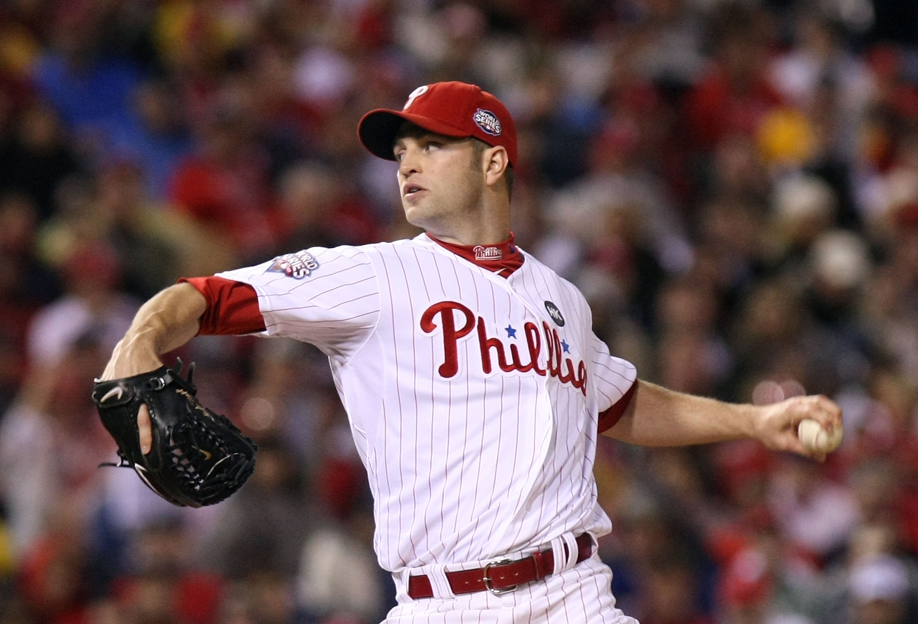 PHILADELPHIA - OCTOBER 31:  J.A. Happ #43 of the Philadelphia Phillies pitches against the New York Yankees in Game Three of the 2009 MLB World Series at Citizens Bank Park on October 31, 2009 in Philadelphia, Pennsylvania.  (Photo by Nick Laham/Getty Ima