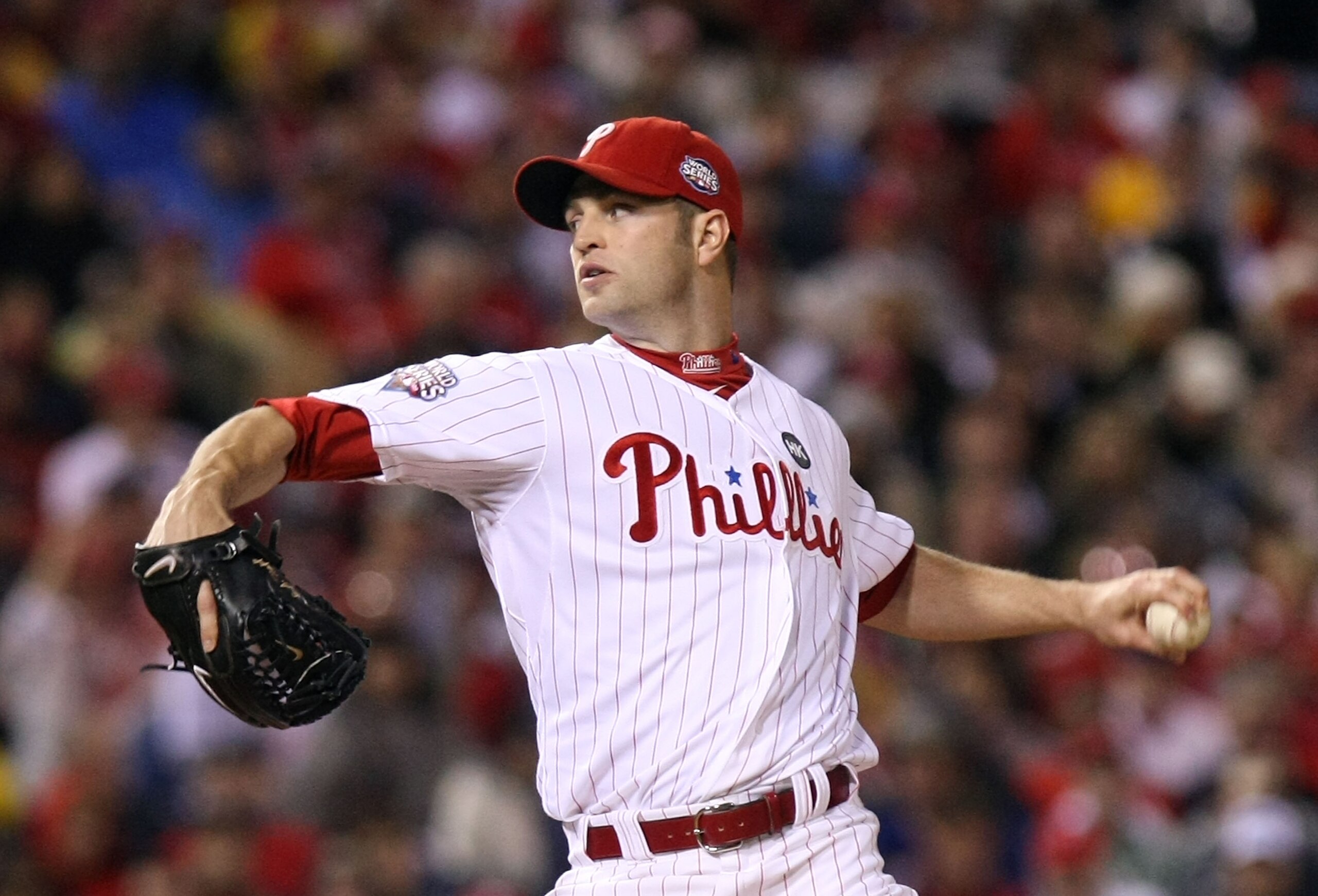 PHILADELPHIA - OCTOBER 31:  J.A. Happ #43 of the Philadelphia Phillies pitches against the New York Yankees in Game Three of the 2009 MLB World Series at Citizens Bank Park on October 31, 2009 in Philadelphia, Pennsylvania.  (Photo by Nick Laham/Getty Ima