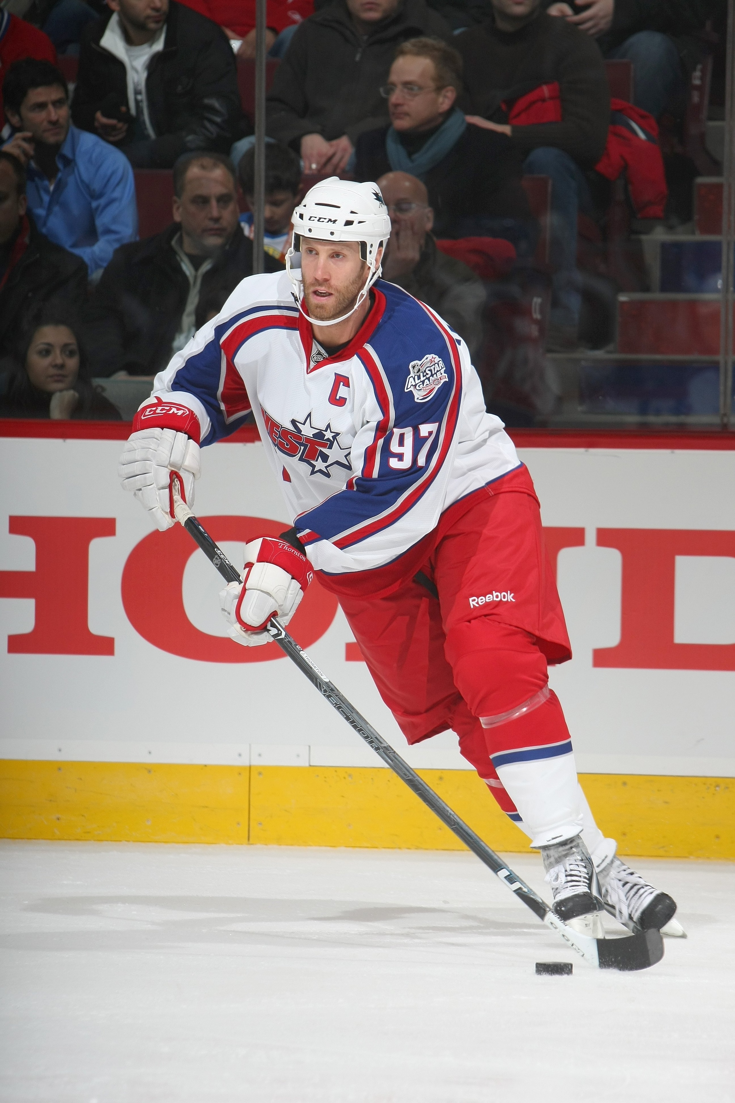 MONTREAL - JANUARY 25:  Joe Thornton #97 of the  Western Conference All-Stars skates with the puck during the 2009 NHL All-Star game at the Bell Centre on January 25, 2009 in Montreal, Canada. (Photo by Bruce Bennett/Getty Images)