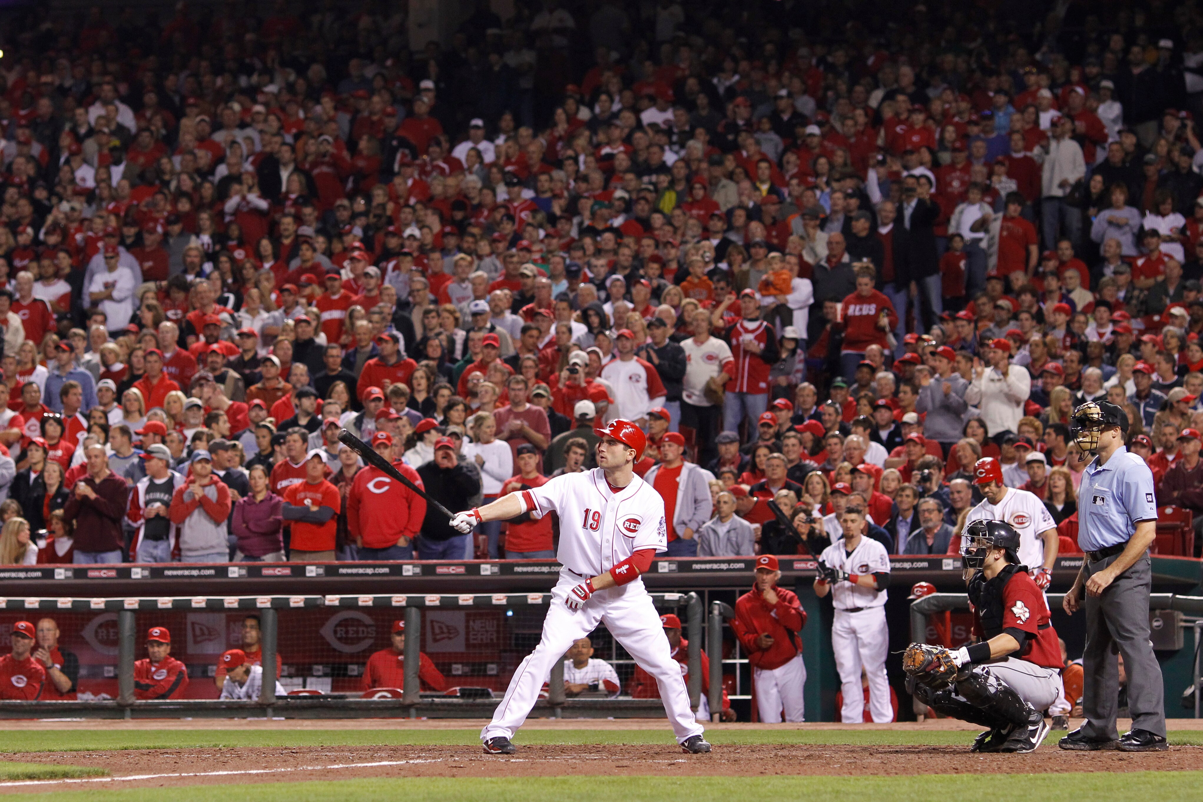 CINCINNATI, OH - SEPTEMBER 28: Joey Votto #19 of the Cincinnati Reds bats against the Houston Astros at Great American Ball Park on September 28, 2010 in Cincinnati, Ohio. The Reds won 3-2 to clinch the NL Central Division title. (Photo by Joe Robbins/Get