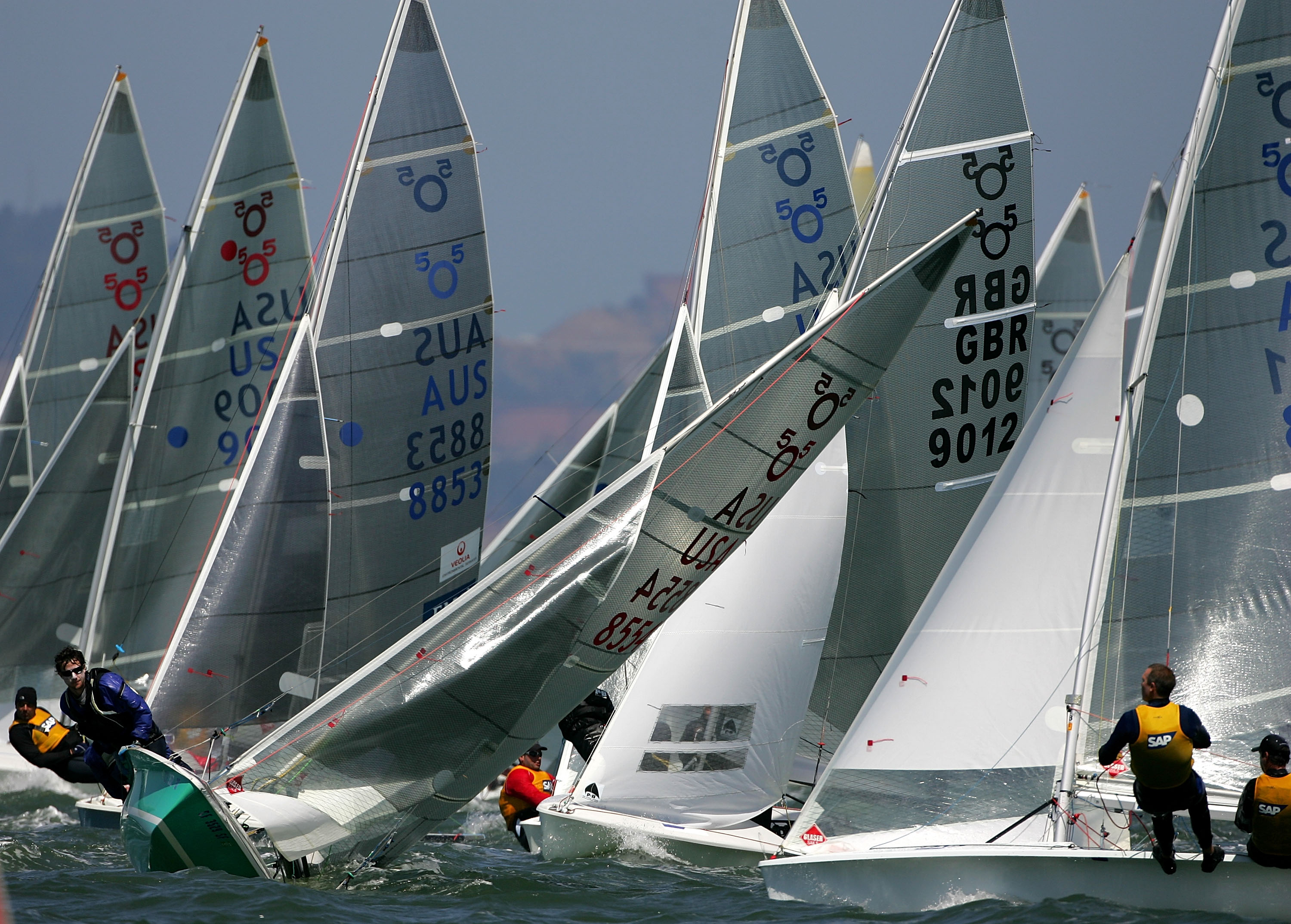 SAN FRANCISCO - AUGUST 25:  Skipper Ted Conrads and crew Brian Haines try to keep their boat upright while heading to a mark during the 2009 SAP 505 World Championship in the San Francisco Bay on August 25, 2009 in San Francisco, California.  (Photo by Ez