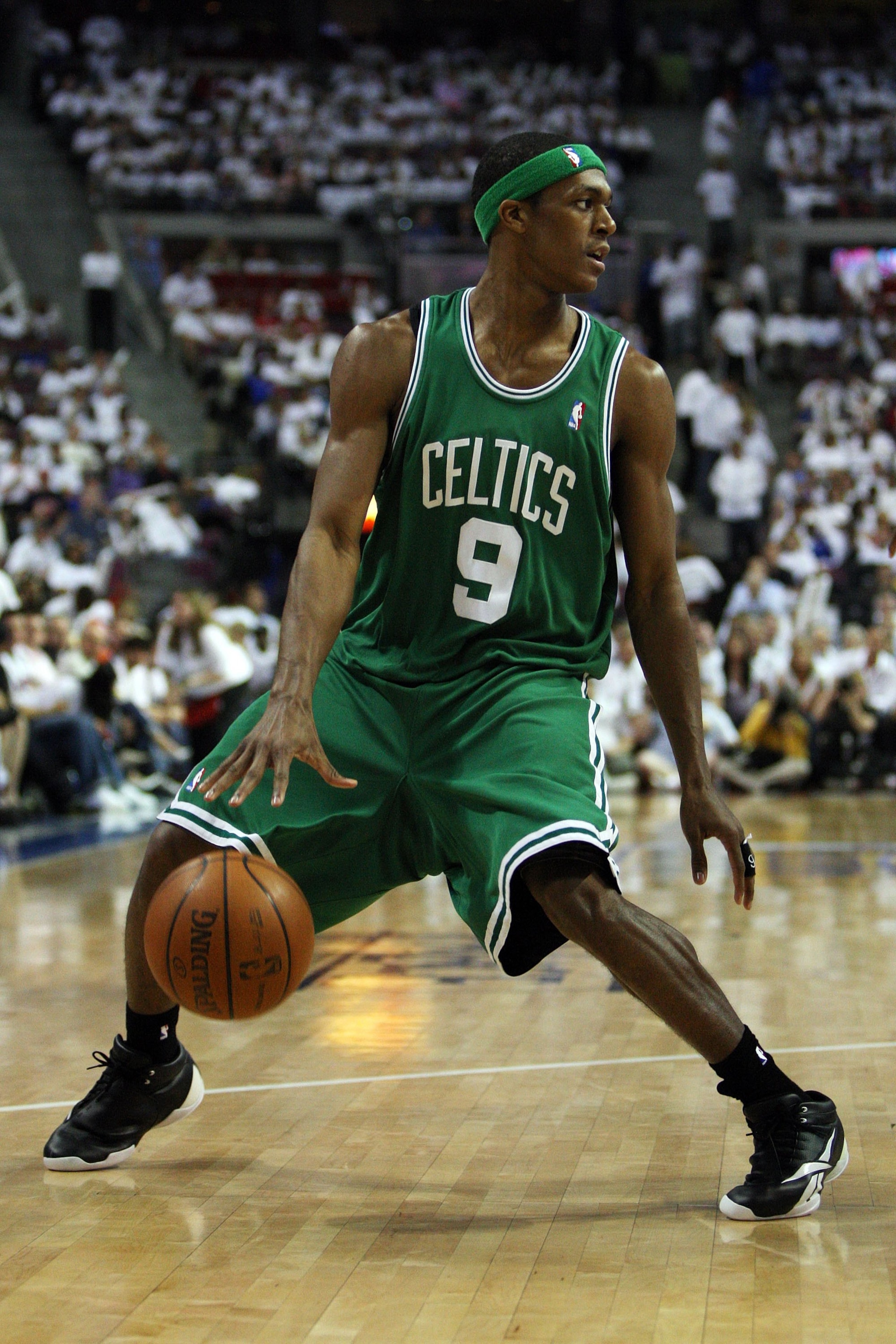 AUBURN HILLS, MI - MAY 24: Rajon Rondo #9 of the Boston Celtics handles the ball against the Detroit Pistons in Game Three of the Eastern Conference Finals during the 2008 NBA Playoffs on May 24, 2008 at the Palace at Auburn Hills in Auburn Hills, Michig AUBURN HILLS, MI - MAY 24: Rajon Rondo #9 of the Boston Celtics handles the ball against the Detroit Pistons in Game Three of the Eastern Conference Finals during the 2008 NBA Playoffs on May 24, 2008 at the Palace at Auburn Hills in Auburn Hills, Michig