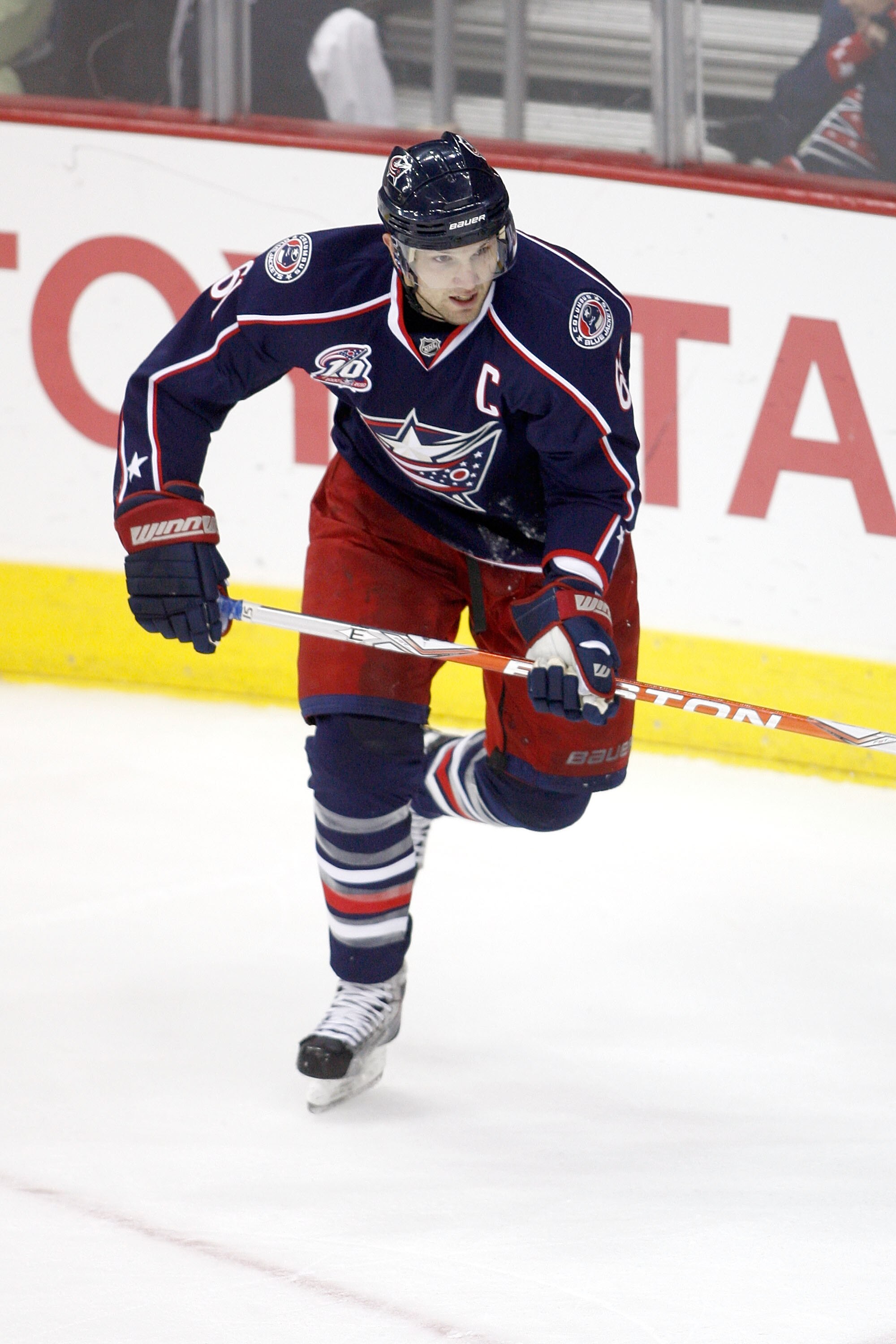 COLUMBUS,OH - NOVEMBER 06:  Rick Nash #61 of the Columbus Blue Jackets skates with the puck against the Minnesota Wild on November 6, 2010 at Nationwide Arena in Columbus, Ohio.  (Photo by John Grieshop/Getty Images)
