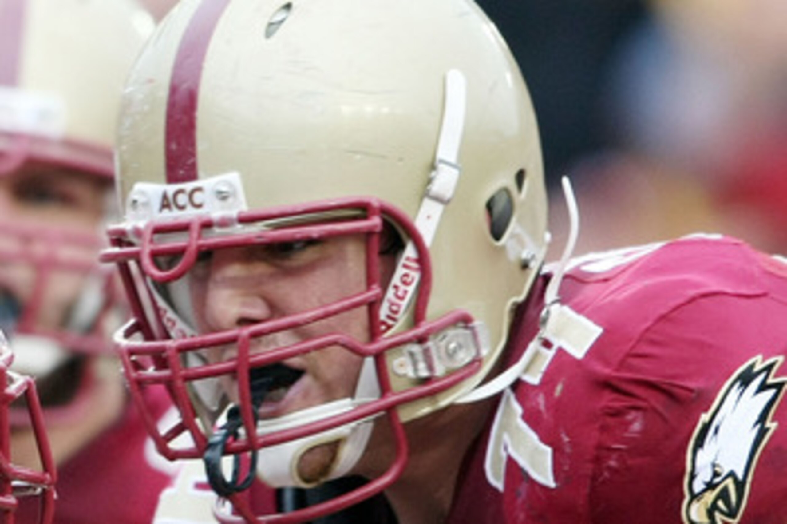 CHESTNUT HILL, MA - OCTOBER 03:  Anthony Castonzo #74 of the Boston College Eagles congratulates teammate Montel Harris #2 after Harris scored a touchdown in the first quarter against the Florida State Seminoles on October 3, 2009 at Alumni Stadium in Che