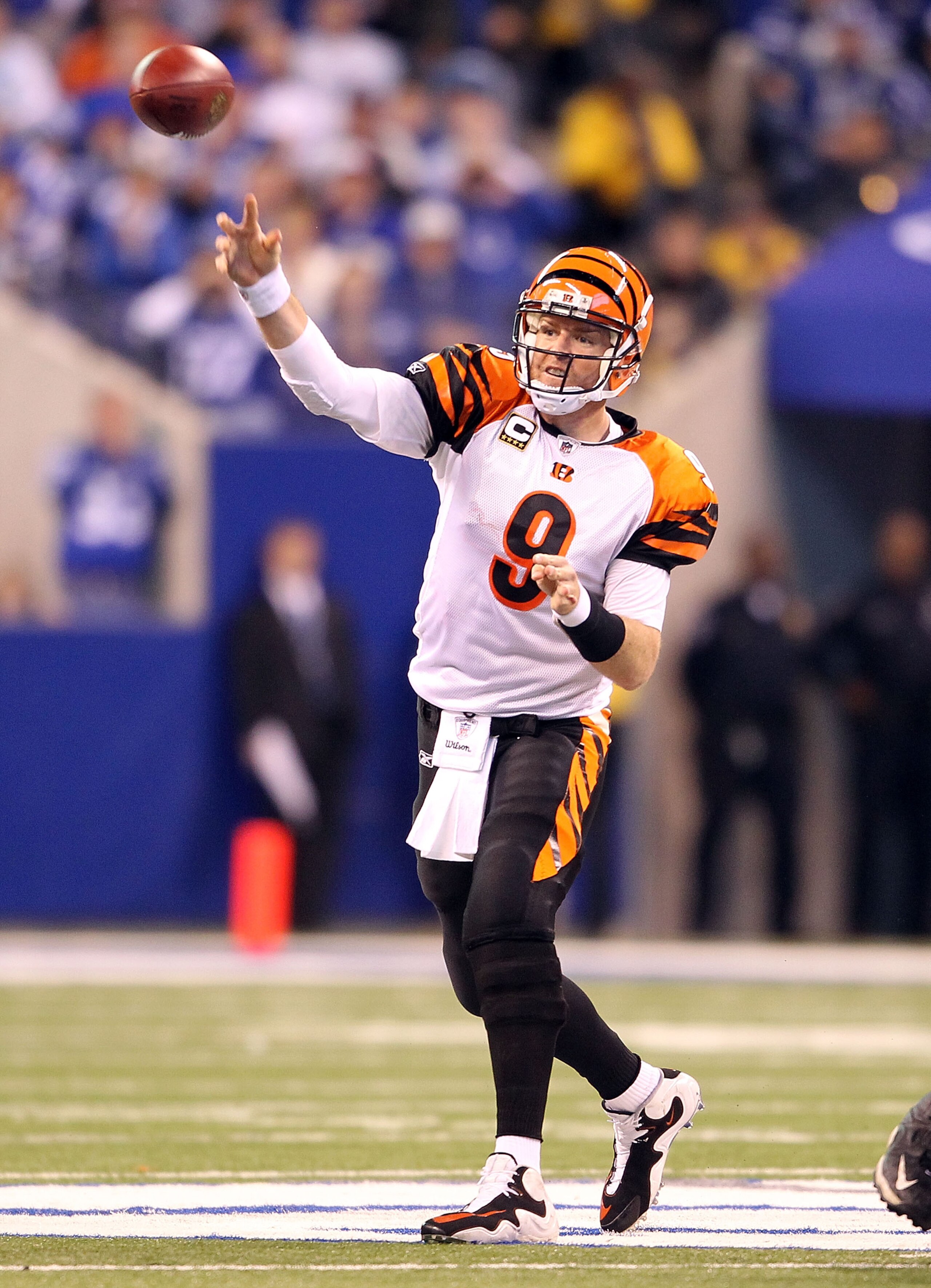 INDIANAPOLIS - NOVEMBER 14:  Carson Palmer #9 of the Cincinnati Bengals throws a pass during the Bengals 23-17 loss to the Indianapolis Colts in the NFL game at Lucas Oil Stadium on November 14, 2010 in Indianapolis, Indiana. The Colts won 23-17.  (Photo