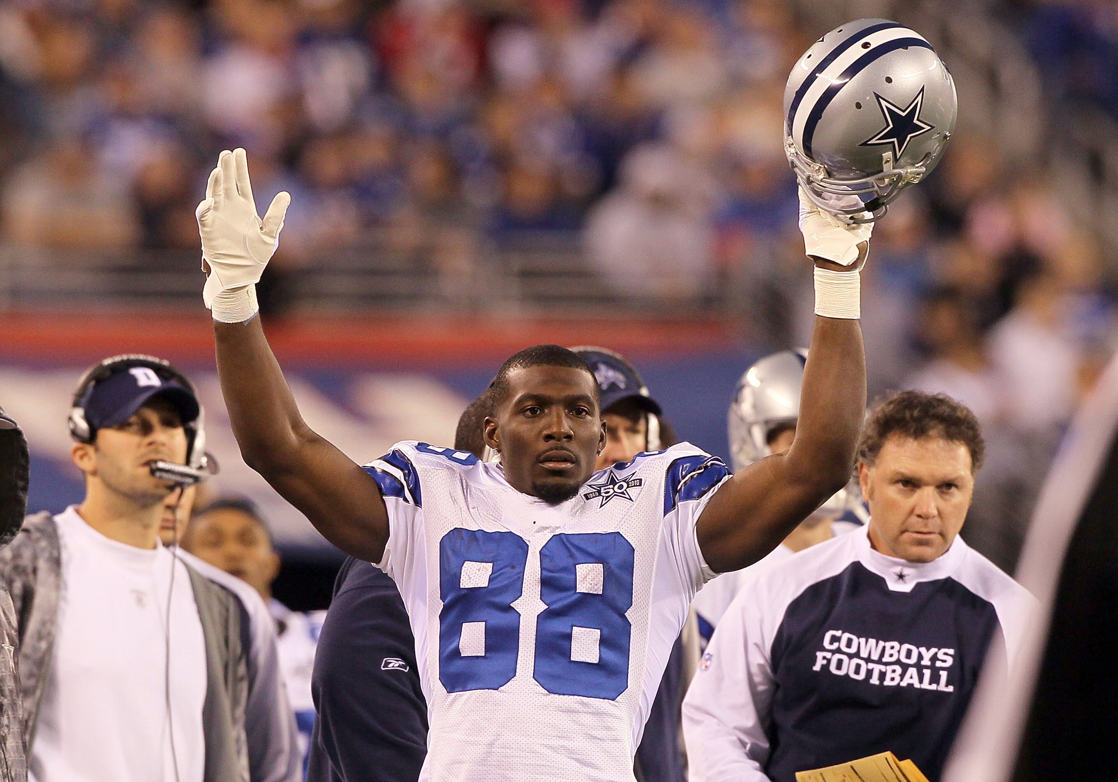 EAST RUTHERFORD, NJ - NOVEMBER 14: Dez Bryant #88 of the Dallas Cowboys celebrates after his first quarter touchdown reception against the New York Giants was confirmed by video replay on November 14, 2010 at the New Meadowlands Stadium in East Rutherfor EAST RUTHERFORD, NJ - NOVEMBER 14: Dez Bryant #88 of the Dallas Cowboys celebrates after his first quarter touchdown reception against the New York Giants was confirmed by video replay on November 14, 2010 at the New Meadowlands Stadium in East Rutherfor