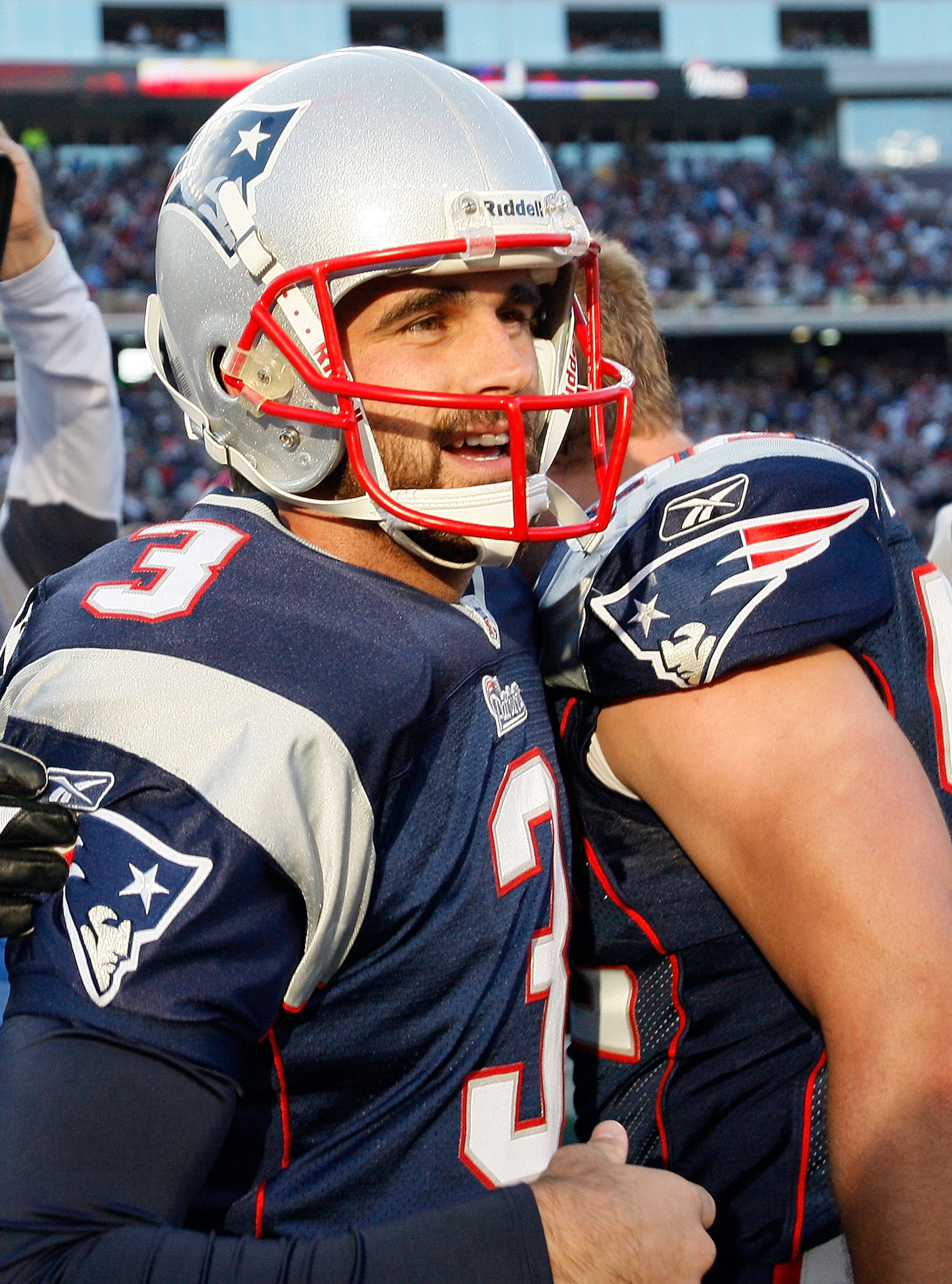 FOXBORO, MA - OCTOBER 17:  Stephen Gostkowski #3 of the New England Patriots leaves the field after kicking the game-winning field goal against the Baltimore Ravens at Gillette Stadium on October 17, 2010 in Foxboro, Massachusetts. The Patriot won 23-20 i
