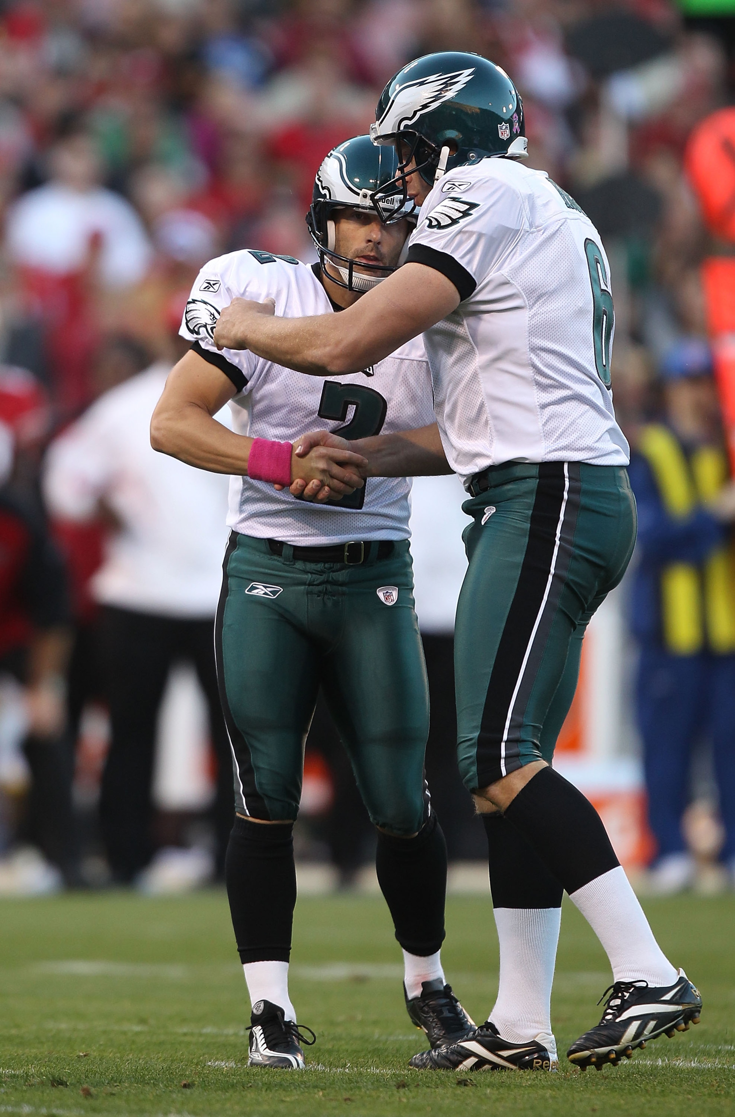 SAN FRANCISCO - OCTOBER 10: David Akers #2 of the Philadelphia Eagles celebrates with Sav Rocca #6 after kicking a field goal against the San Francisco 49ers during an NFL game at Candlestick Park on October 10, 2010 in San Francisco, California.  (Photo