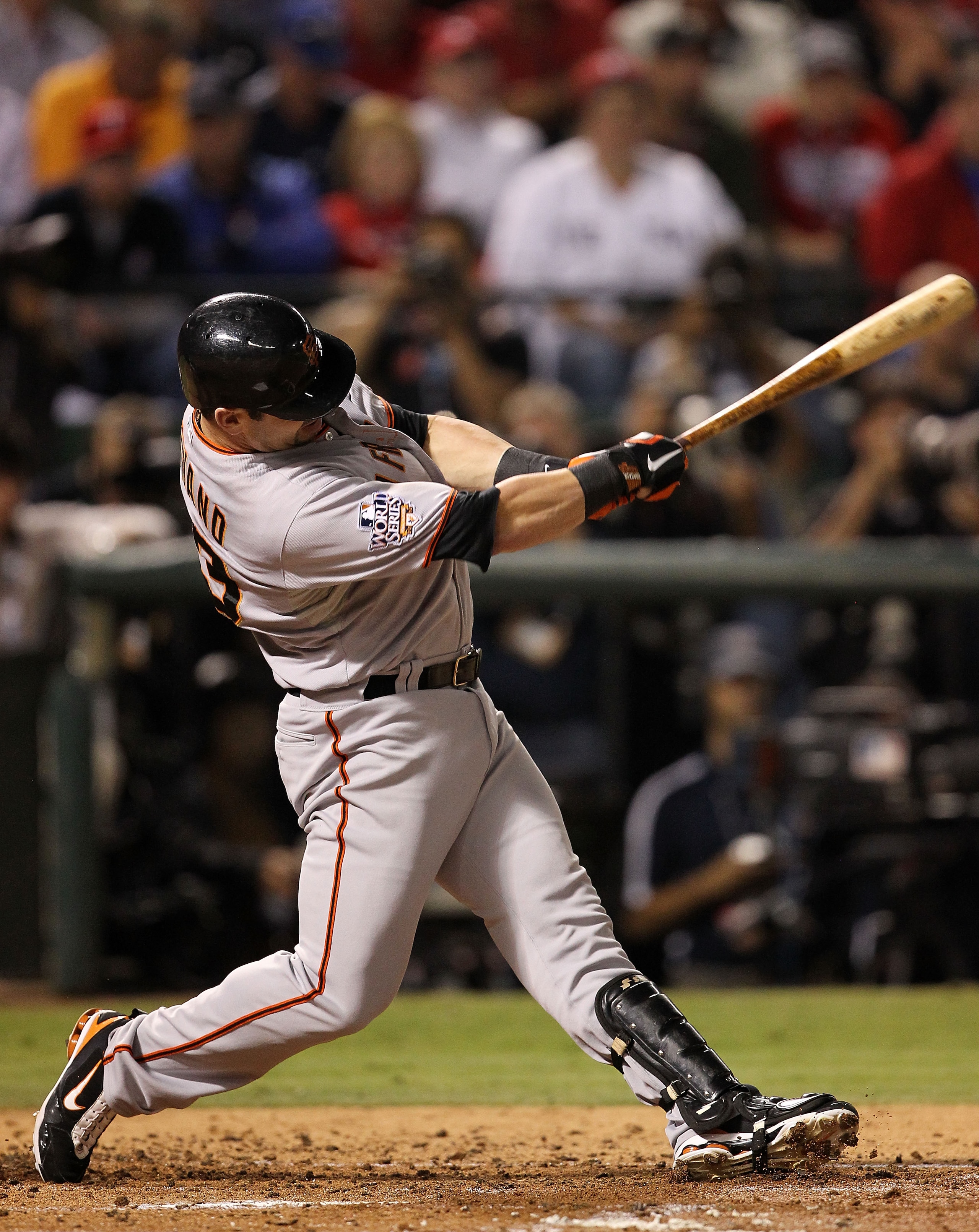 ARLINGTON, TX - NOVEMBER 01:  Aaron Rowand of the San Francisco Giants bats against the Texas Rangers in Game Five of the 2010 MLB World Series at Rangers Ballpark in Arlington on November 1, 2010 in Arlington, Texas. The Giants won 3-1.  (Photo by Ronald