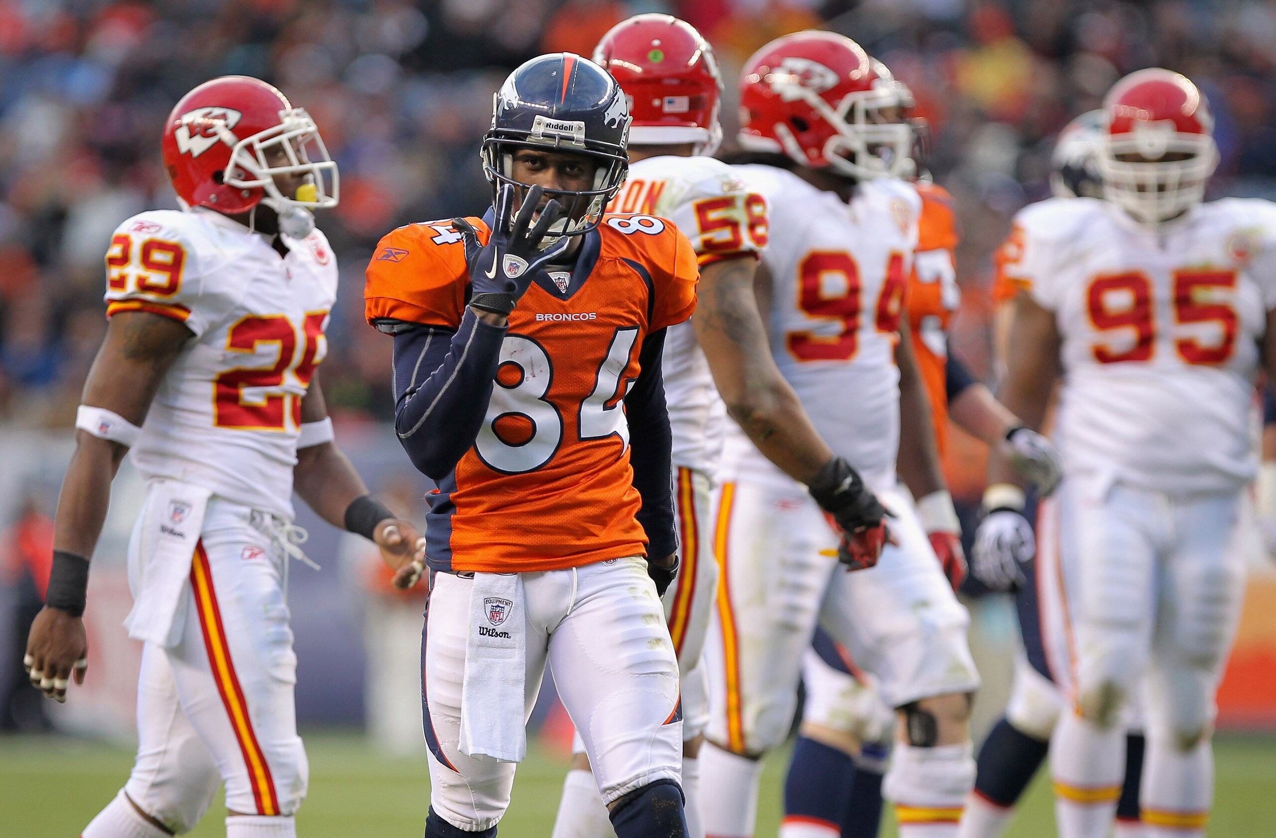DENVER - NOVEMBER 14:  Wide receiver Brandon Lloyd #84 of the Denver Broncos celebrates a first down reception against the Kansas City Chiefs at INVESCO Field at Mile High on November 14, 2010 in Denver, Colorado. The Broncos defeated the Cheifs 49-29.  (