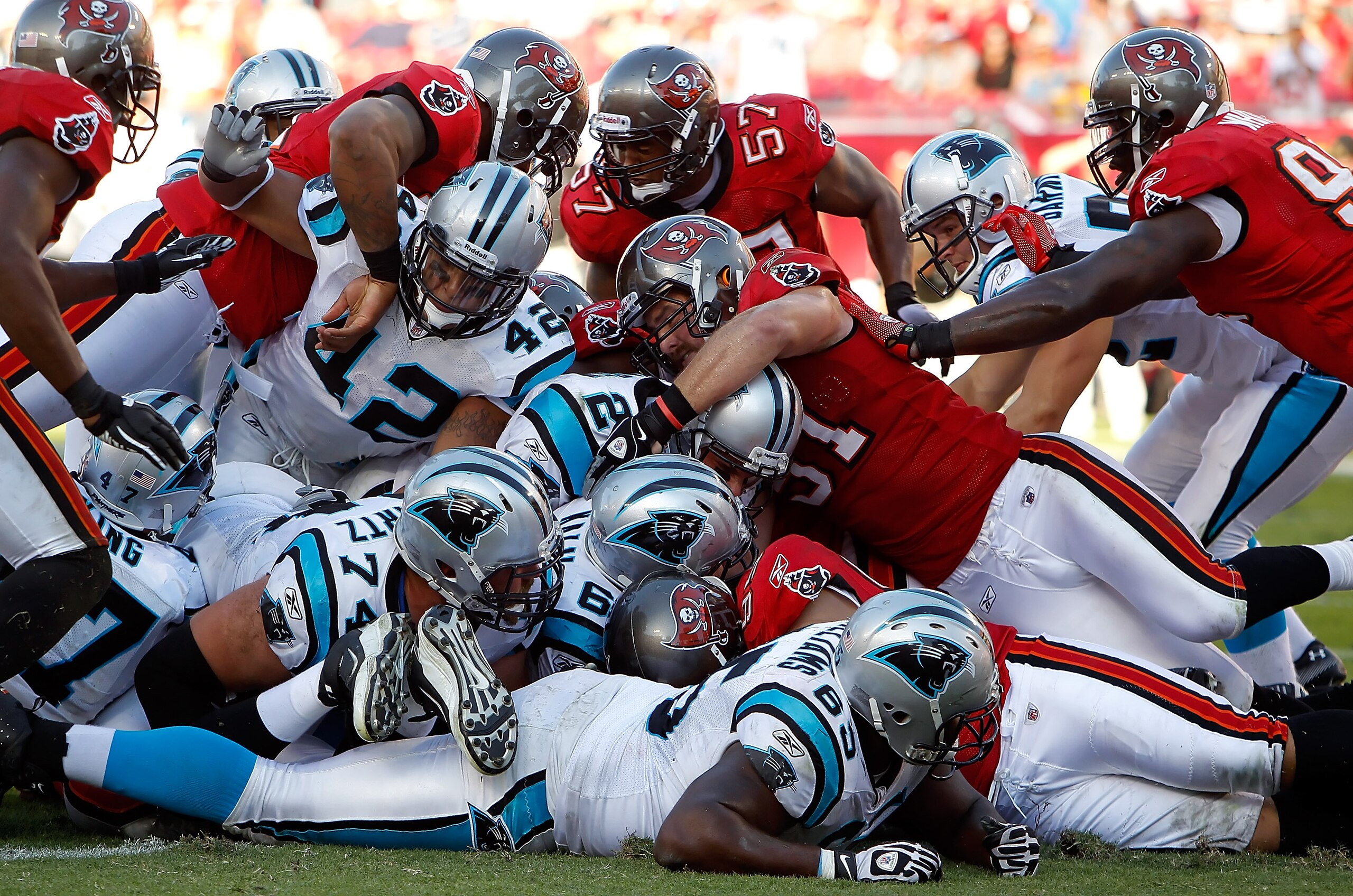 TAMPA, FL - NOVEMBER 14:  Quarterback Jimmy Clausen #2 of the Carolina Panthers is stopped short of the goal line by the Tampa Bay Buccaneers defense during the game at Raymond James Stadium on November 14, 2010 in Tampa, Florida.  (Photo by J. Meric/Gett