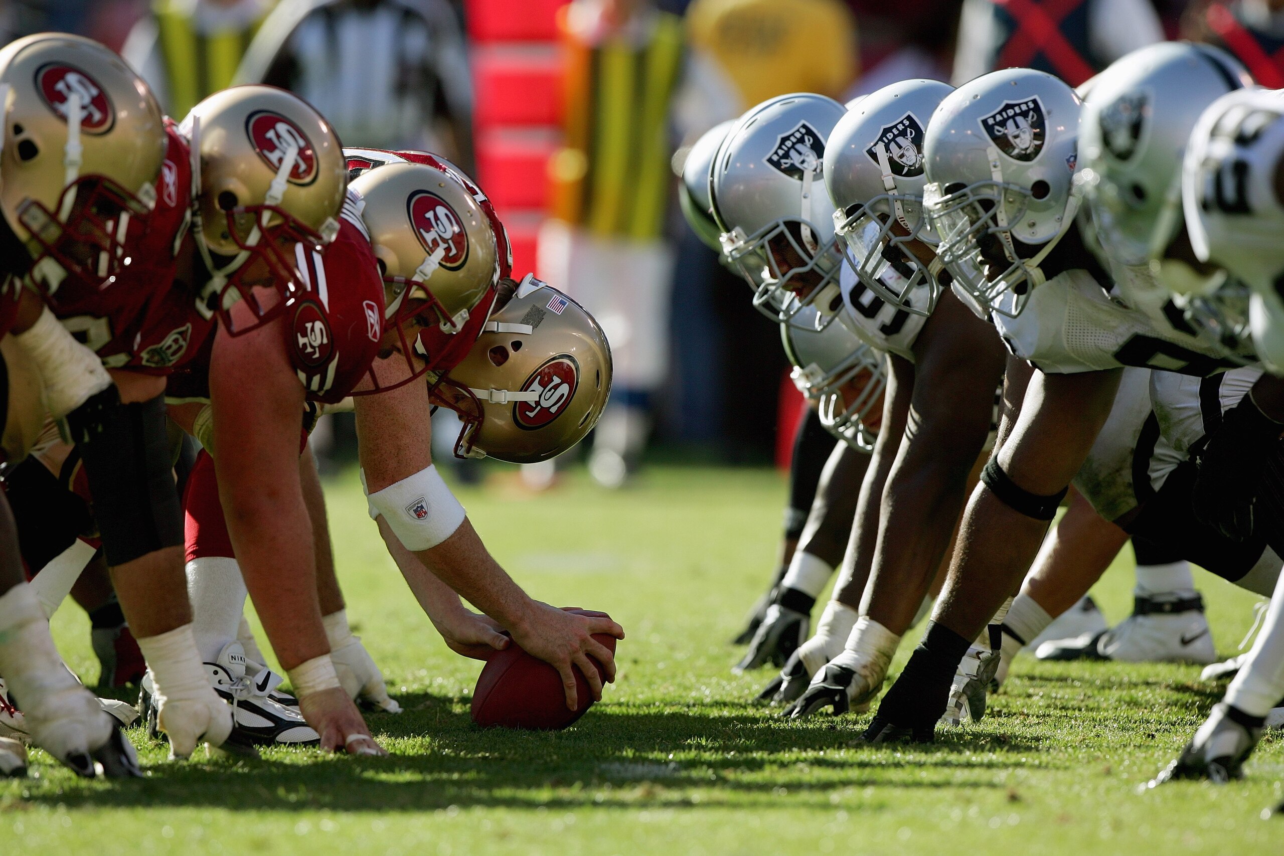 SAN FRANCISCO - OCTOBER 8:  The San Francisco 49ers offensive line lines up against the Oakland Raiders defensive line at Monster Park on October 8, 2006 in San Francisco, California. The Niners defeated the Raiders 34-20.  (Photo by Jed Jacobsohn/Getty I