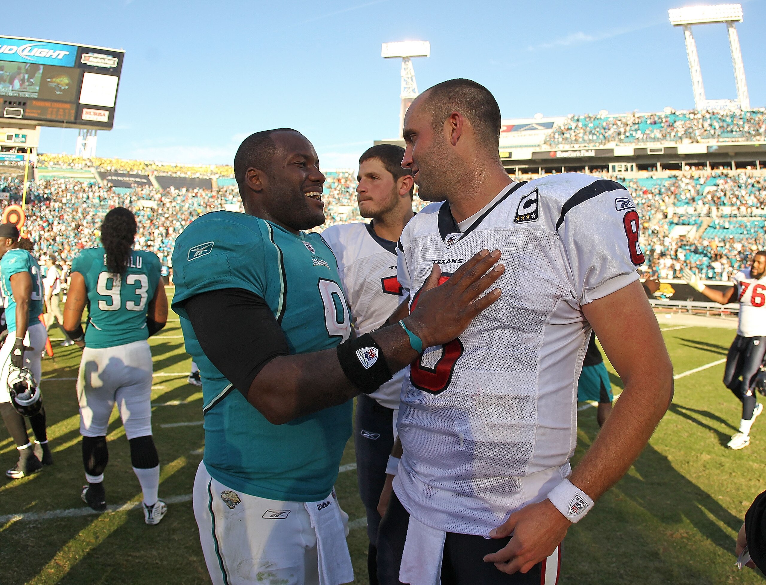 JACKSONVILLE, FL - NOVEMBER 14:  David Garrard #9 of the Jacksonville Jaguars greets Matt Schaub #8 after a game against the Houston Texans at EverBank Field on November 14, 2010 in Jacksonville, Florida.  (Photo by Mike Ehrmann/Getty Images)