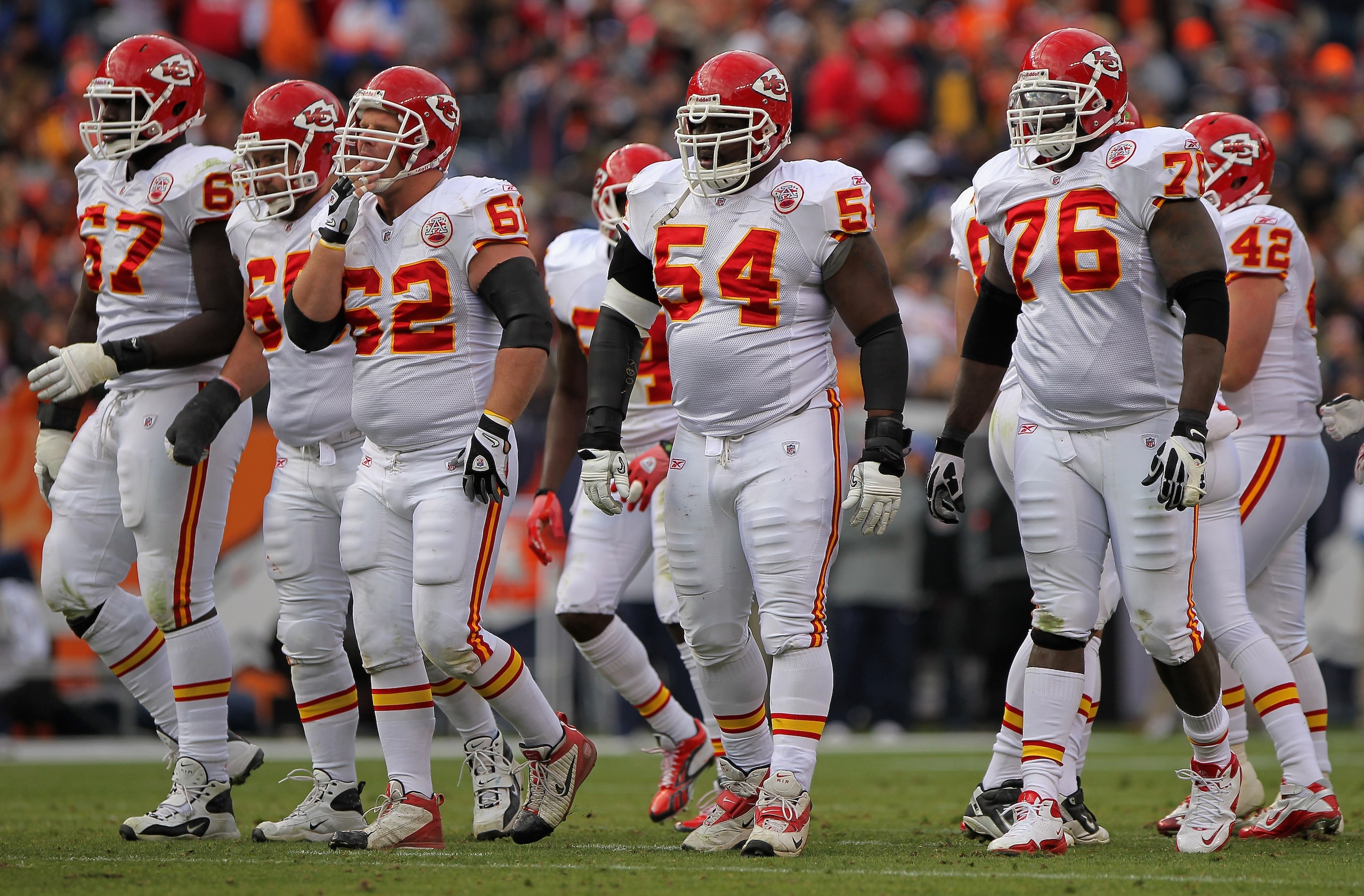 DENVER - NOVEMBER 14: (L-R) Offensive linemen Barry Richardson #67, Ryan Lilja #65, Casey Wiegmann #62, Brian Waters #54 and Brandon Albert #76 of the Kansas City Chiefs head to the line of scrimmage to face the Denver Broncos defense at INVESCO Field at DENVER - NOVEMBER 14: (L-R) Offensive linemen Barry Richardson #67, Ryan Lilja #65, Casey Wiegmann #62, Brian Waters #54 and Brandon Albert #76 of the Kansas City Chiefs head to the line of scrimmage to face the Denver Broncos defense at INVESCO Field at