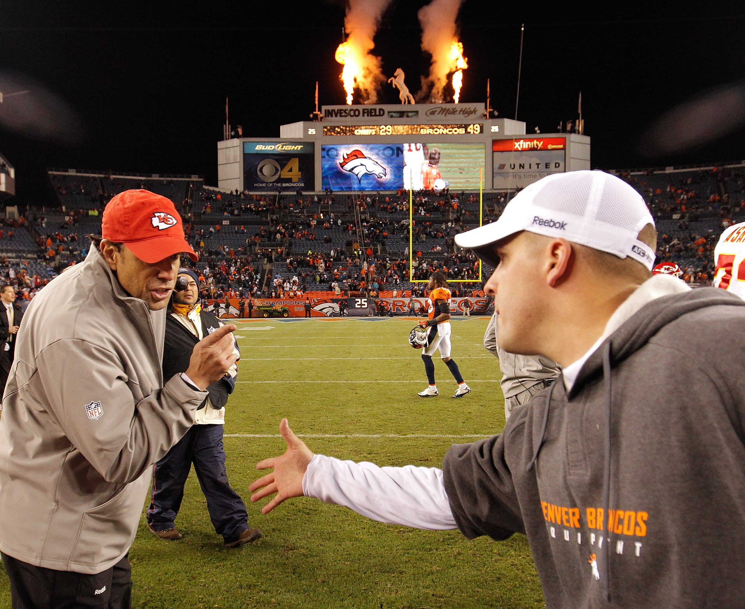 DENVER - NOVEMBER 14: Head coach Todd Haley of the Kansas City Chiefs has some unwelcome words with head coach Josh McDaniels of the Denver Broncos as he refuses to shake his hand after the Broncos 49-29 win at INVESCO Field at Mile High on November 14, DENVER - NOVEMBER 14: Head coach Todd Haley of the Kansas City Chiefs has some unwelcome words with head coach Josh McDaniels of the Denver Broncos as he refuses to shake his hand after the Broncos 49-29 win at INVESCO Field at Mile High on November 14,