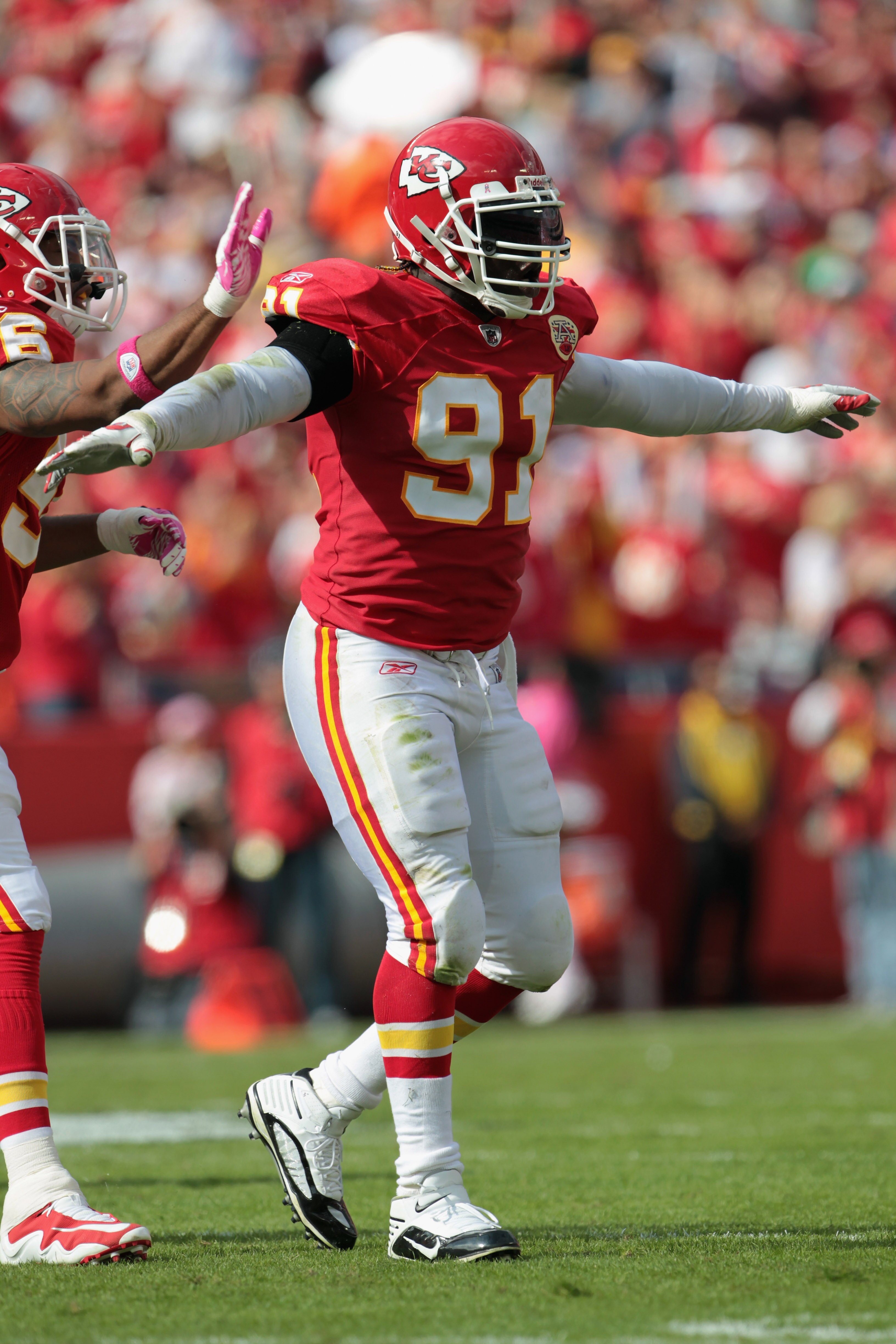 KANSAS CITY, MO - OCTOBER 24:  Tamba Hali #91 of the Kansas City Chiefs in action during the game against the Jacksonville Jaguars on October 24, 2010 at Arrowhead Stadium in Kansas City, Missouri.  (Photo by Jamie Squire/Getty Images)