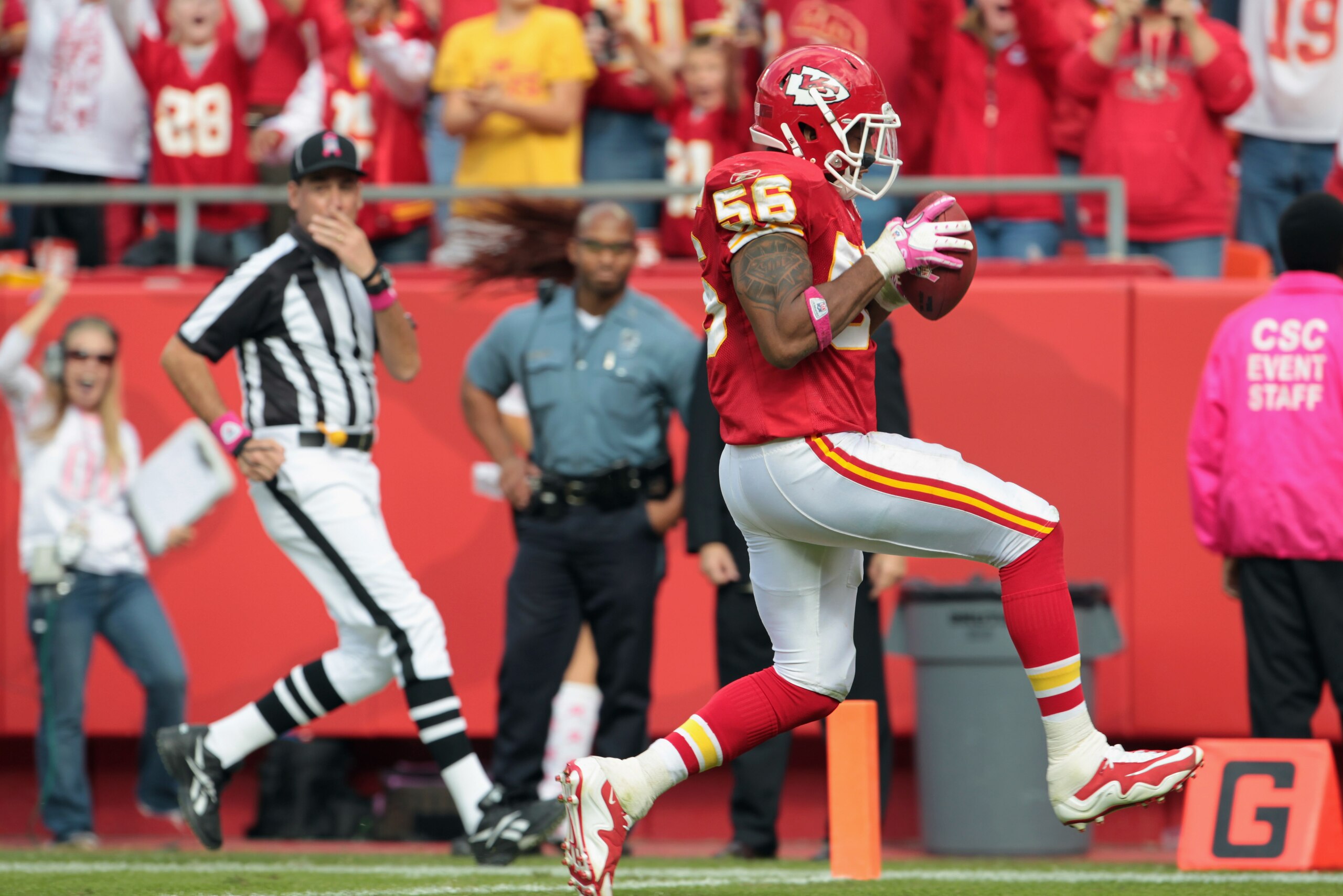 KANSAS CITY, MO - OCTOBER 24: Derrick Johnson #56 of the Kansas City Chiefs carries the ball in for a touchdown after making an interception during the game against the Jacksonville Jaguars on October 24, 2010 at Arrowhead Stadium in Kansas City, Missour KANSAS CITY, MO - OCTOBER 24: Derrick Johnson #56 of the Kansas City Chiefs carries the ball in for a touchdown after making an interception during the game against the Jacksonville Jaguars on October 24, 2010 at Arrowhead Stadium in Kansas City, Missour