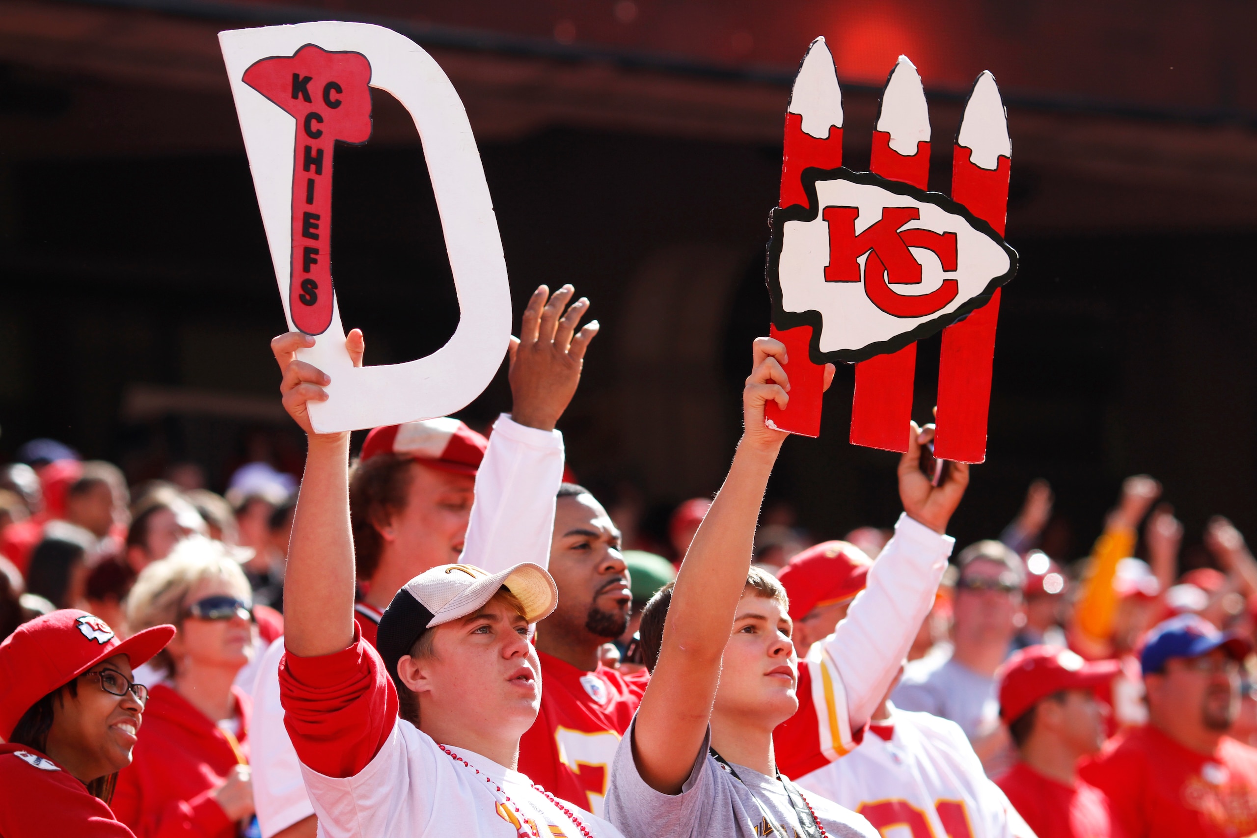 KANSAS CITY, MO - SEPTEMBER 26: A pair of Kansas City Chiefs fans look on during the game against the San Francisco 49ers at Arrowhead Stadium on September 26, 2010 in Kansas City, Missouri. The Chiefs won 31-10. (Photo by Joe Robbins/Getty Images) KANSAS CITY, MO - SEPTEMBER 26: A pair of Kansas City Chiefs fans look on during the game against the San Francisco 49ers at Arrowhead Stadium on September 26, 2010 in Kansas City, Missouri. The Chiefs won 31-10. (Photo by Joe Robbins/Getty Images)