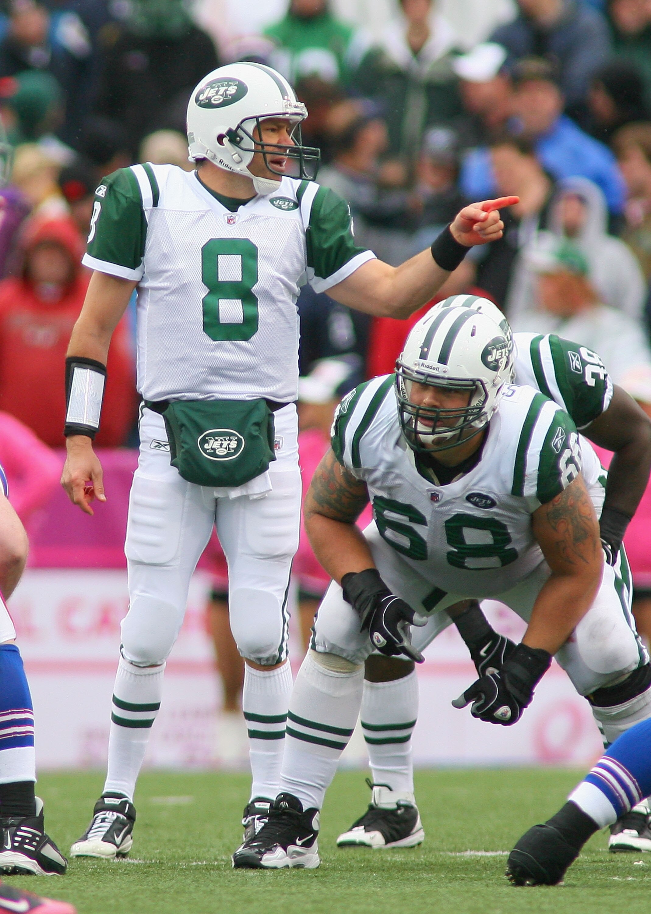 ORCHARD PARK, NY - OCTOBER 03: Mark Brunell #8  of the New York Jets calls signals against  the Buffalo Bills at Ralph Wilson Stadium on October 3, 2010 in Orchard Park, New York. The Jets won 38-14. (Photo by Rick Stewart/Getty Images)