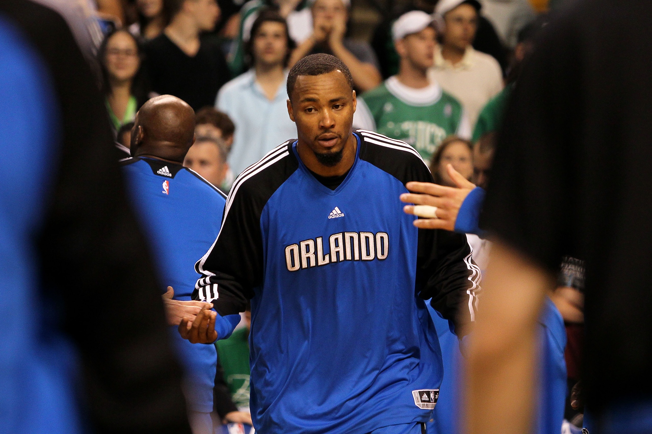 BOSTON - MAY 22:  Rashard Lewis #9 of the Orlando Magic greets his teammates during player introducitons against the Boston Celtics at TD Banknorth Garden in Game Three of the Eastern Conference Finals during the 2010 NBA Playoffs on May 22, 2010 in Bosto