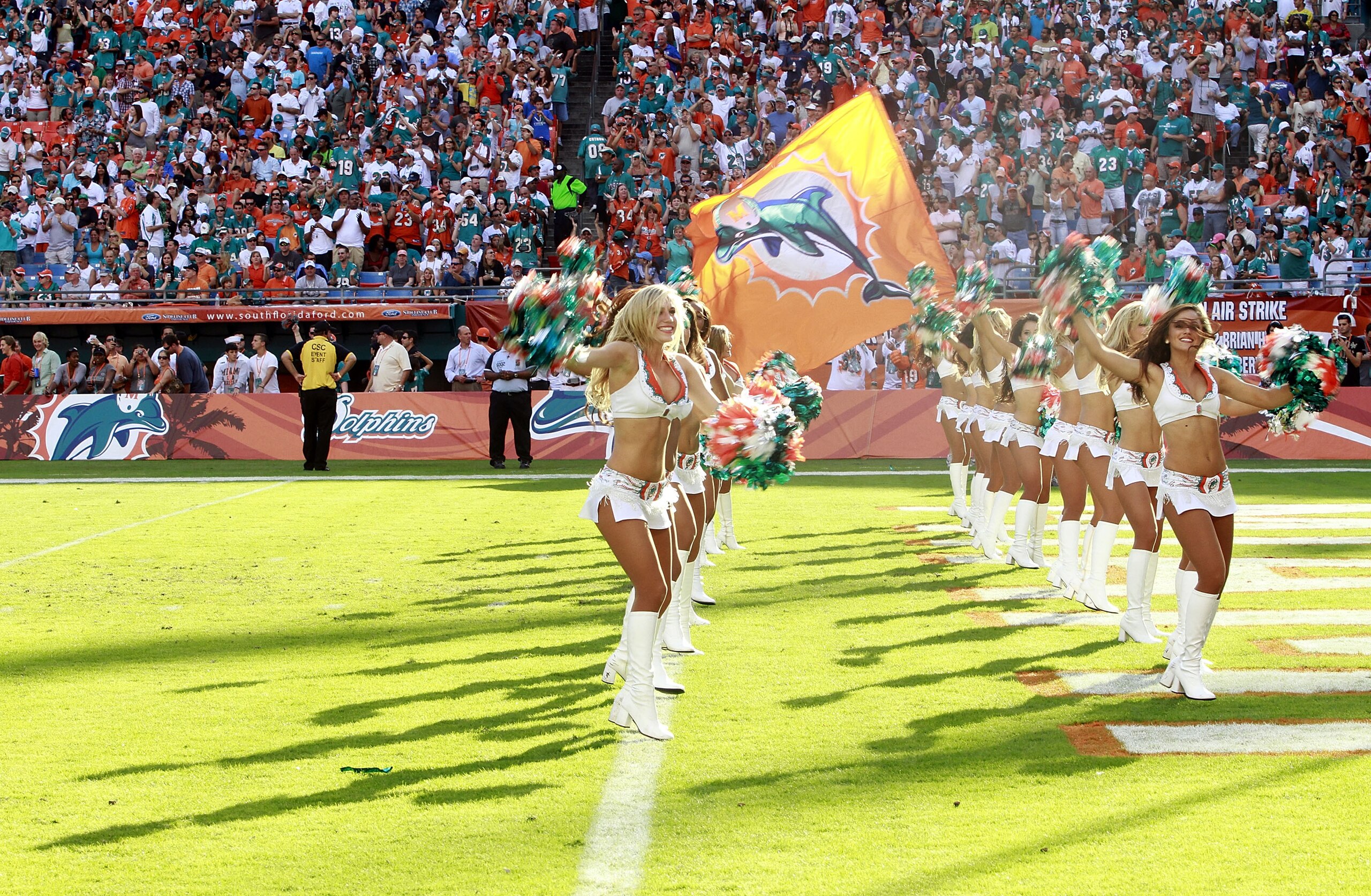 MIAMI - NOVEMBER 14:  Miami Dolphins cheerleaders are introduced against the Tennessee Titans at Sun Life Stadium on November 14, 2010 in Miami, Florida.  (Photo by Marc Serota/Getty Images)