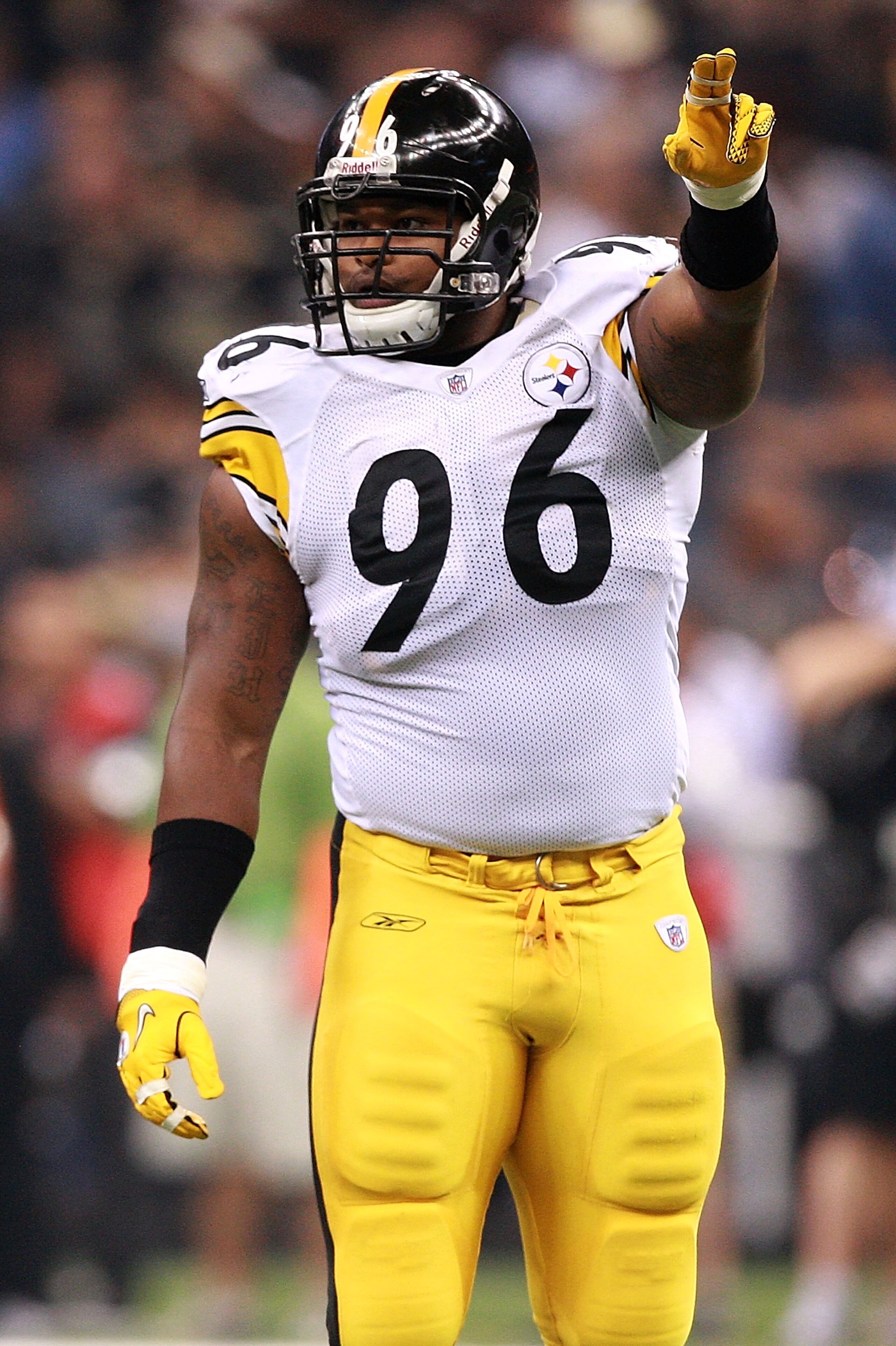 NEW ORLEANS - OCTOBER 31:  Ziggy Hood #96 of the Pittsburgh Steelers gestures during the game against the New Orleans Saints at Louisiana Superdome on October 31, 2010 in New Orleans, Louisiana.  The Saints won 20-10 over the Steelers.  (Photo by Karl Wal