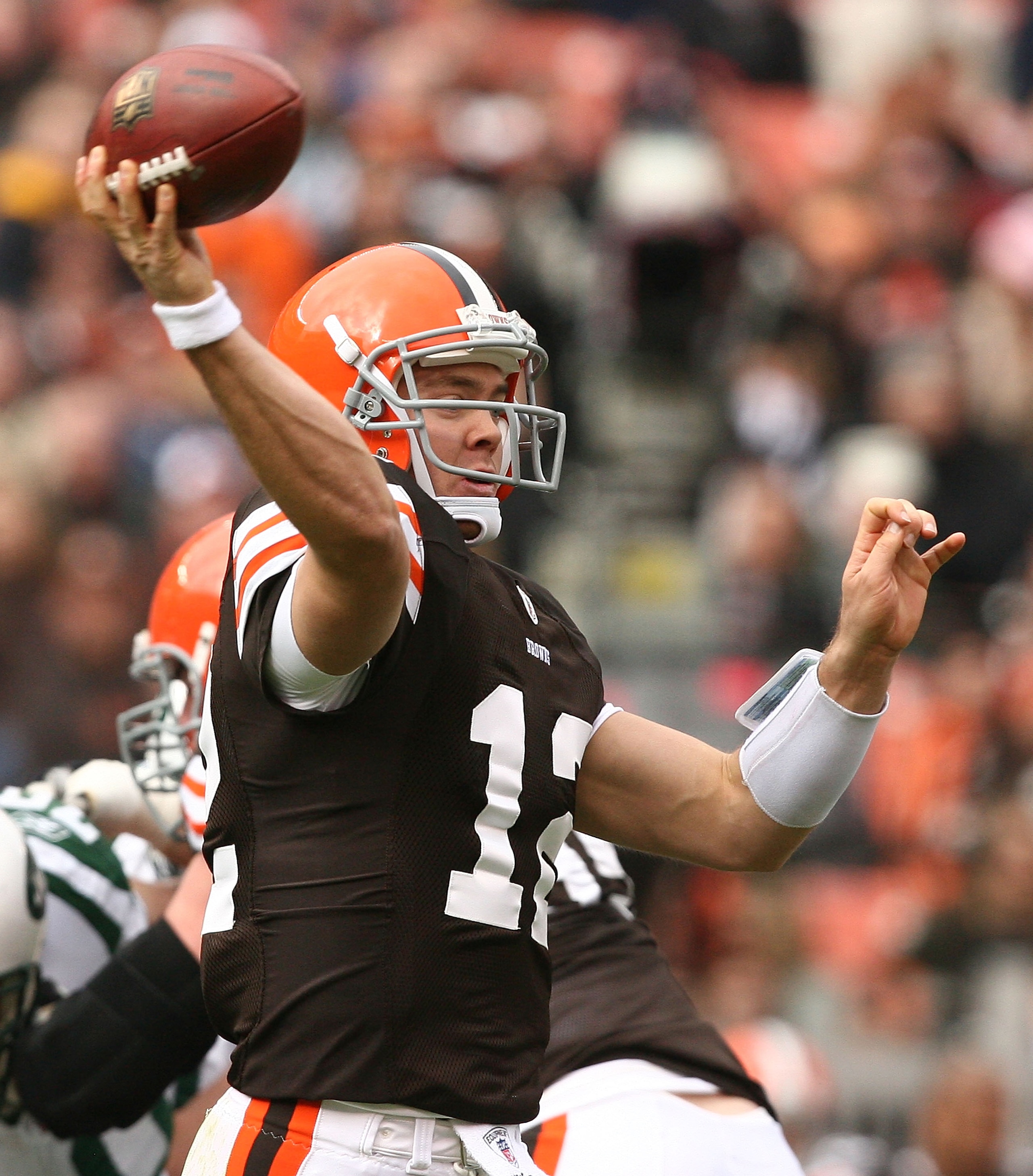 CLEVELAND - NOVEMBER 14:  Quarterback Colt McCoy #12 of the Cleveland Browns throws to a receiver against the New York Jets at Cleveland Browns Stadium on November 14, 2010 in Cleveland, Ohio.  (Photo by Matt Sullivan/Getty Images)
