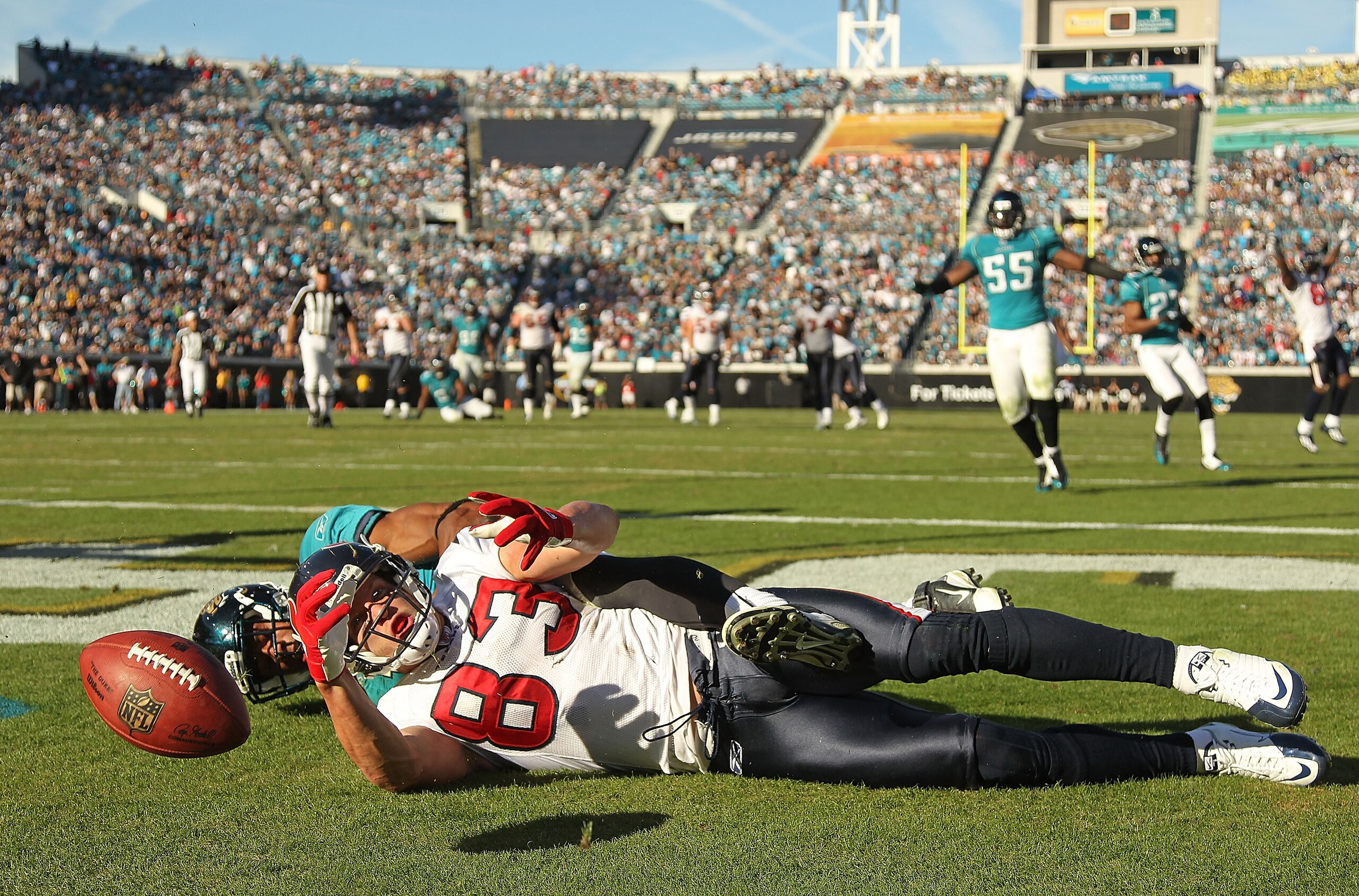 JACKSONVILLE, FL - NOVEMBER 14:  Kevin Walter #83 of the Houston Texans catches a touchdown pass during a game against the Jacksonville Jaguars at EverBank Field on November 14, 2010 in Jacksonville, Florida.  (Photo by Mike Ehrmann/Getty Images)