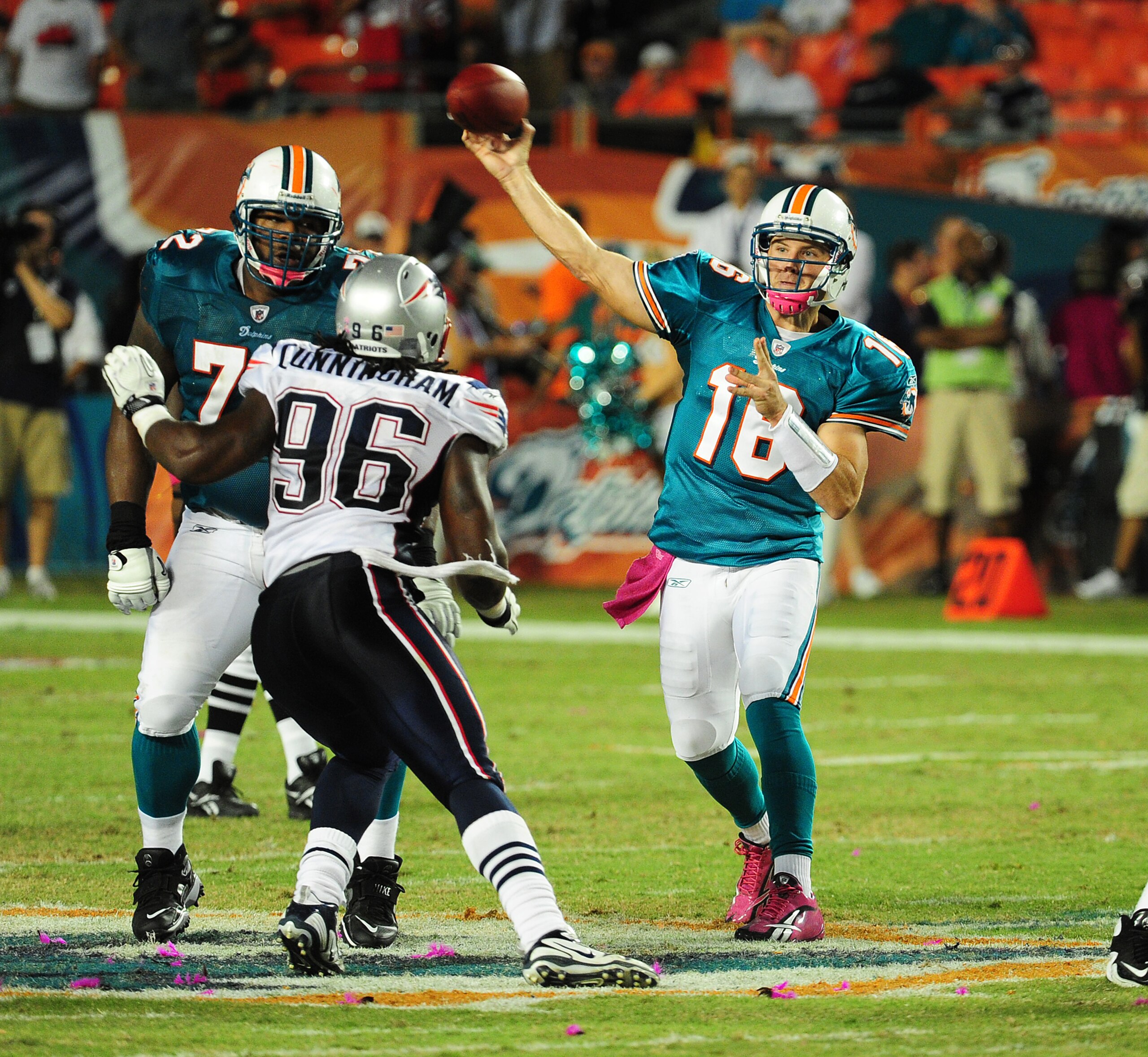 MIAMI - OCTOBER 4: Tyler Thigpen #16 of the Miami Dolphins passes against the New England Patriots at Sun Life Field on October 4, 2010 in Miami, Florida. (Photo by Scott Cunningham/Getty Images)