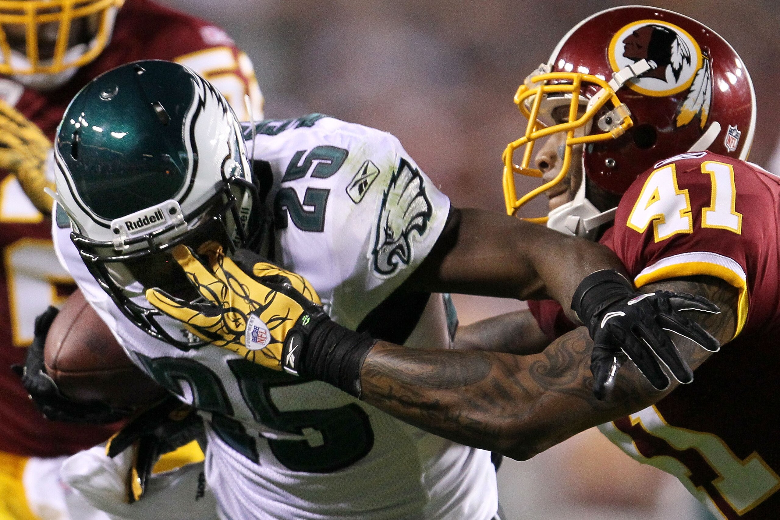 LANDOVER, MD - NOVEMBER 15: LeSean McCoy #25 of the Philadelphia Eagles is tackled by Kareem Moore #41 of the Washington Redskins on November 15, 2010 at FedExField in Landover, Maryland. (Photo by Chris McGrath/Getty Images) LANDOVER, MD - NOVEMBER 15: LeSean McCoy #25 of the Philadelphia Eagles is tackled by Kareem Moore #41 of the Washington Redskins on November 15, 2010 at FedExField in Landover, Maryland. (Photo by Chris McGrath/Getty Images)