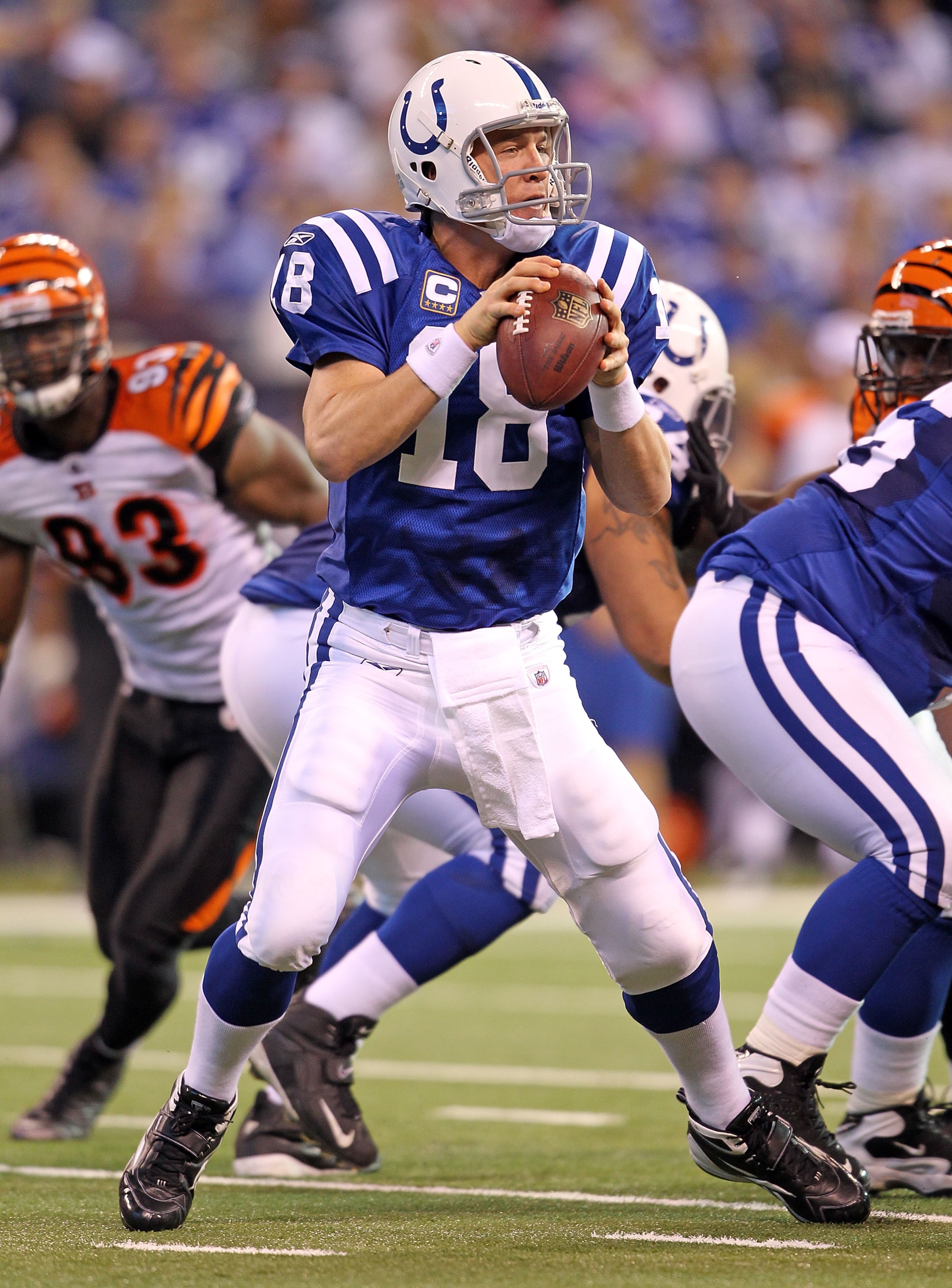INDIANAPOLIS - NOVEMBER 14:  Peyton Manning #18 of the Indianapolis Colts looks to throw a pass during the NFL game against the Cincinnati Bengals at Lucas Oil Stadium on November 14, 2010 in Indianapolis, Indiana. The Colts won 23-17.  (Photo by Andy Lyo