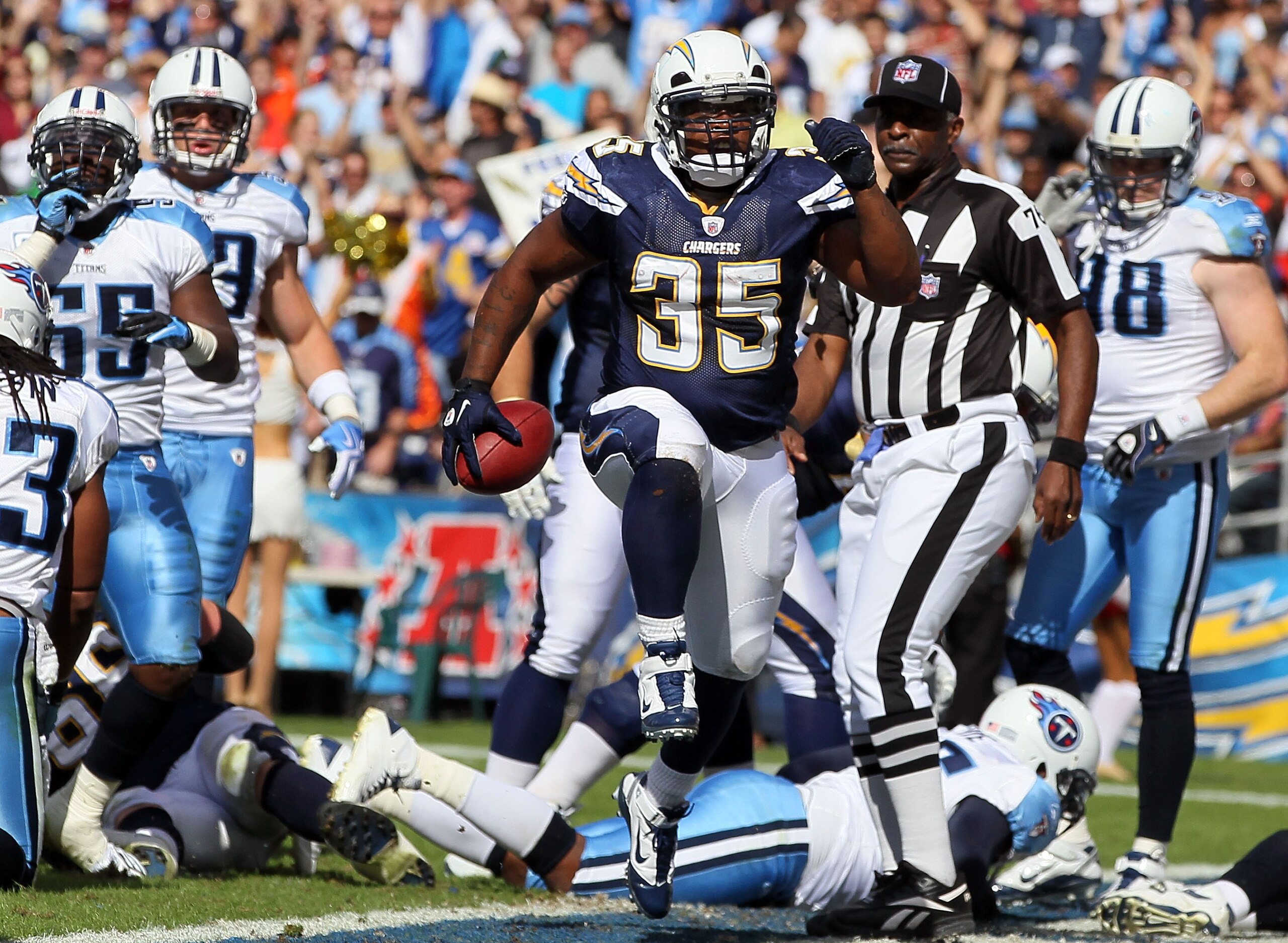 SAN DIEGO - OCTOBER 31:  Running back Mike Tolbert #35 of the San Diego Chargers celebrates a touchdown against the Tennessee Titans during the game at Qualcomm Stadium on October 31, 2010 in San Diego, California. The Chargers defeated the Titans 33-25. 