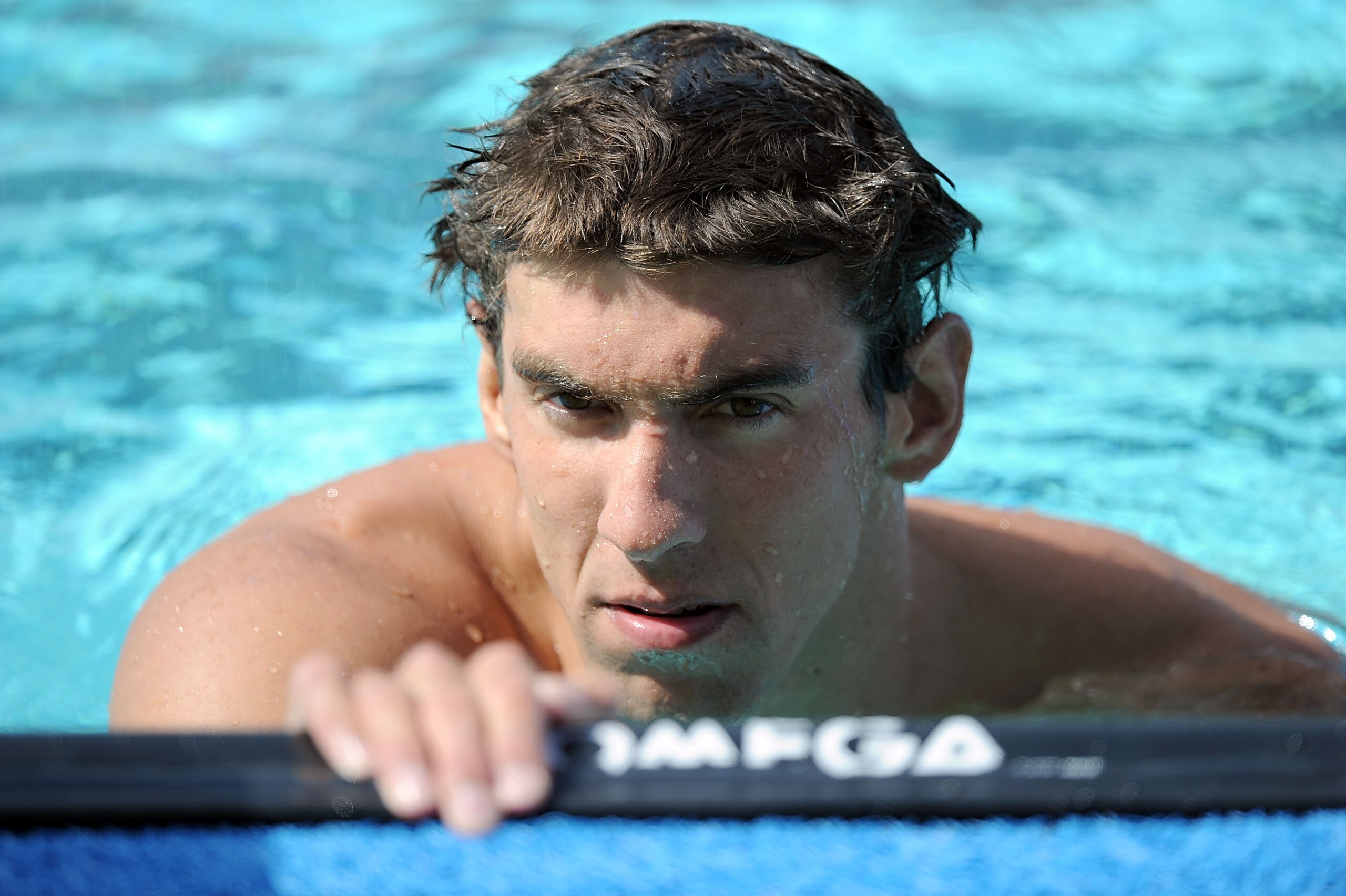 IRVINE, CA - AUGUST 07:  Michael Phelps after his swim in the Men 200 LC Meter Backstroke Heat during the 2010 ConocoPhillips National Championships at the William Woollett Jr. Aquatics Complex on August 7, 2010 in Irvine, California.  (Photo by Harry How