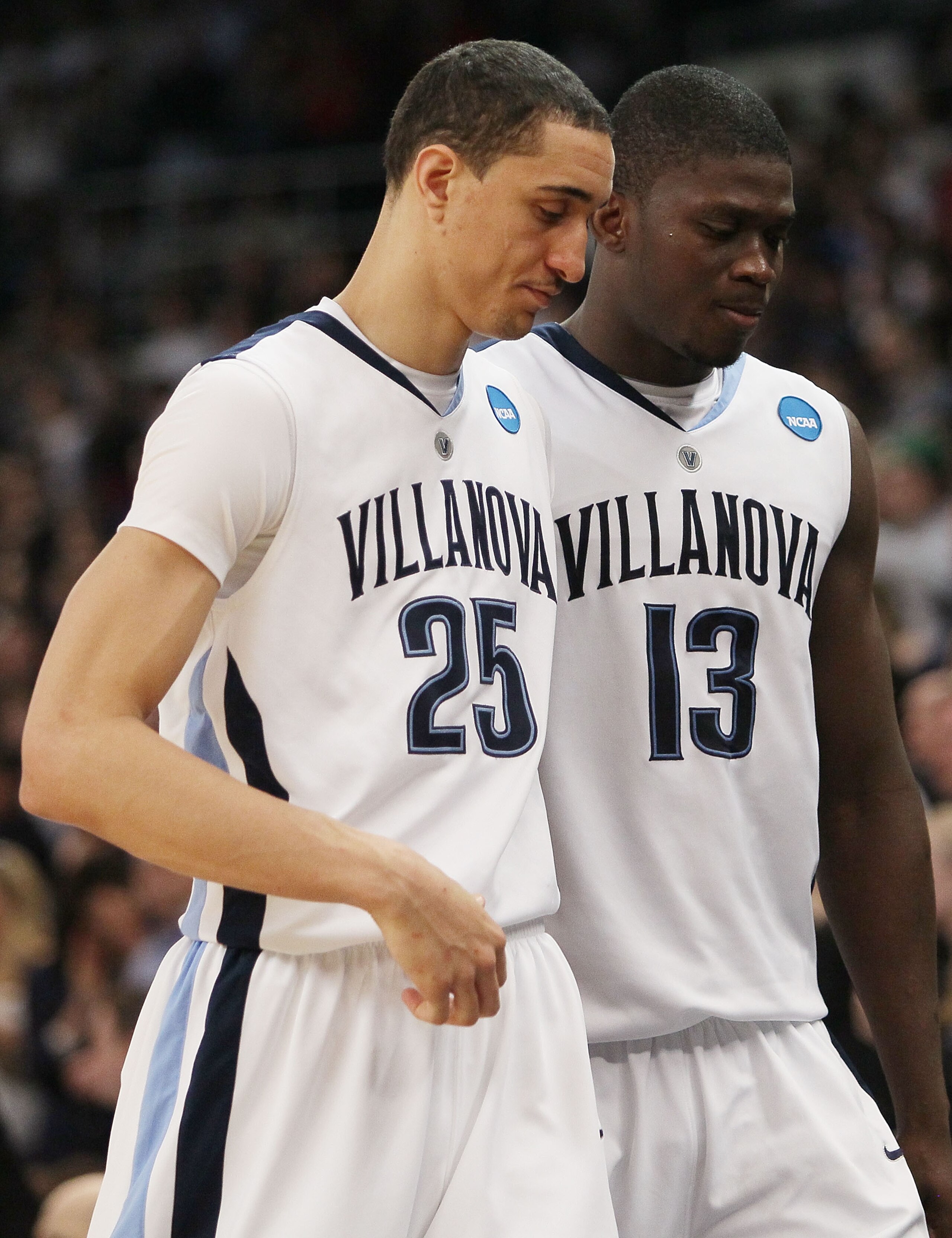 PROVIDENCE, RI - MARCH 20:  Maurice Sutton #25 and Mouphtaou Yarou #15 of the Villanova Wildcats walk off the court after the loss to the Saint Mary's Gaels during the second round of the 2010 NCAA men's basketball tournament on March 20, 2010 at the Dunk