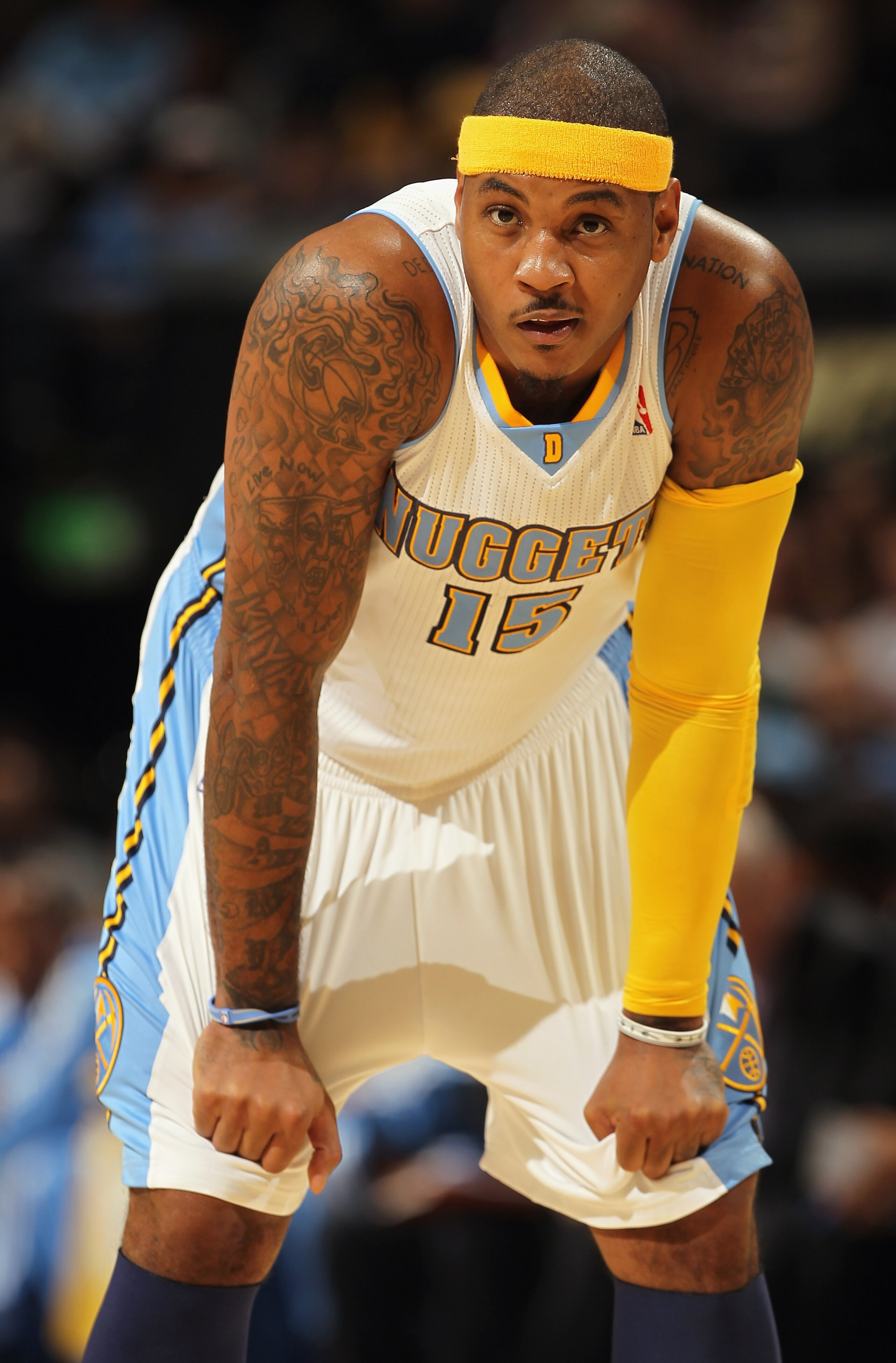 DENVER - NOVEMBER 11:  Carmelo Anthony #15 of the Denver Nuggets looks on during a break in the action against the Los Angeles Lakers at the Pepsi Center on November 11, 2010 in Denver, Colorado. The Nuggets defeated the Lakers 118-112.  NOTE TO USER: Use